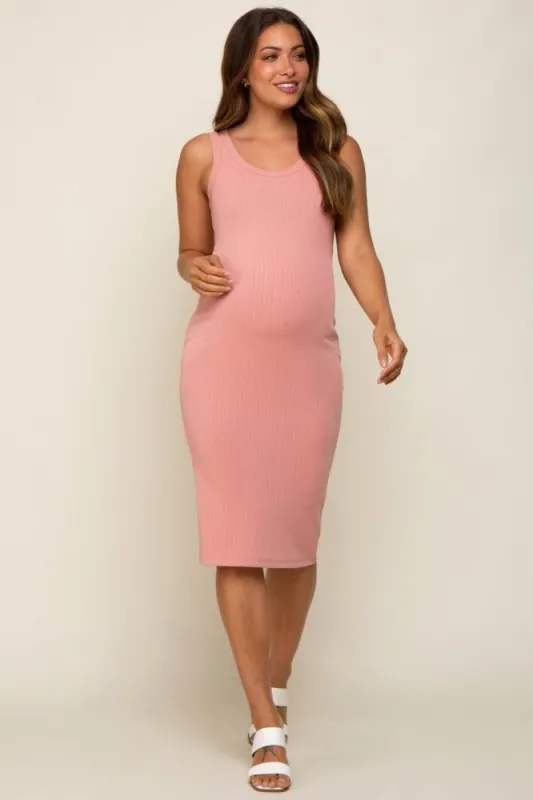 Light Pink Ribbed Fitted Maternity Midi Dress sold by Pinkblush