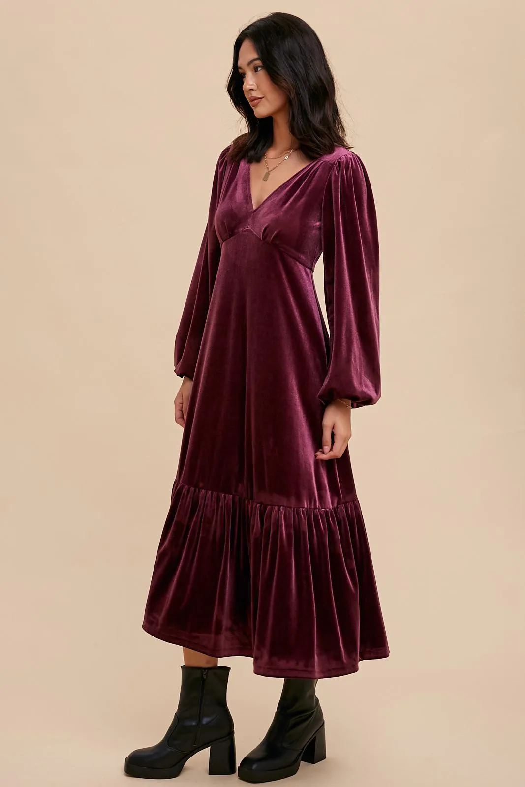 Magenta V-Neck Ruffle Hem Velvet Midi Dress sold by Pinkblush product image thumbnail 3