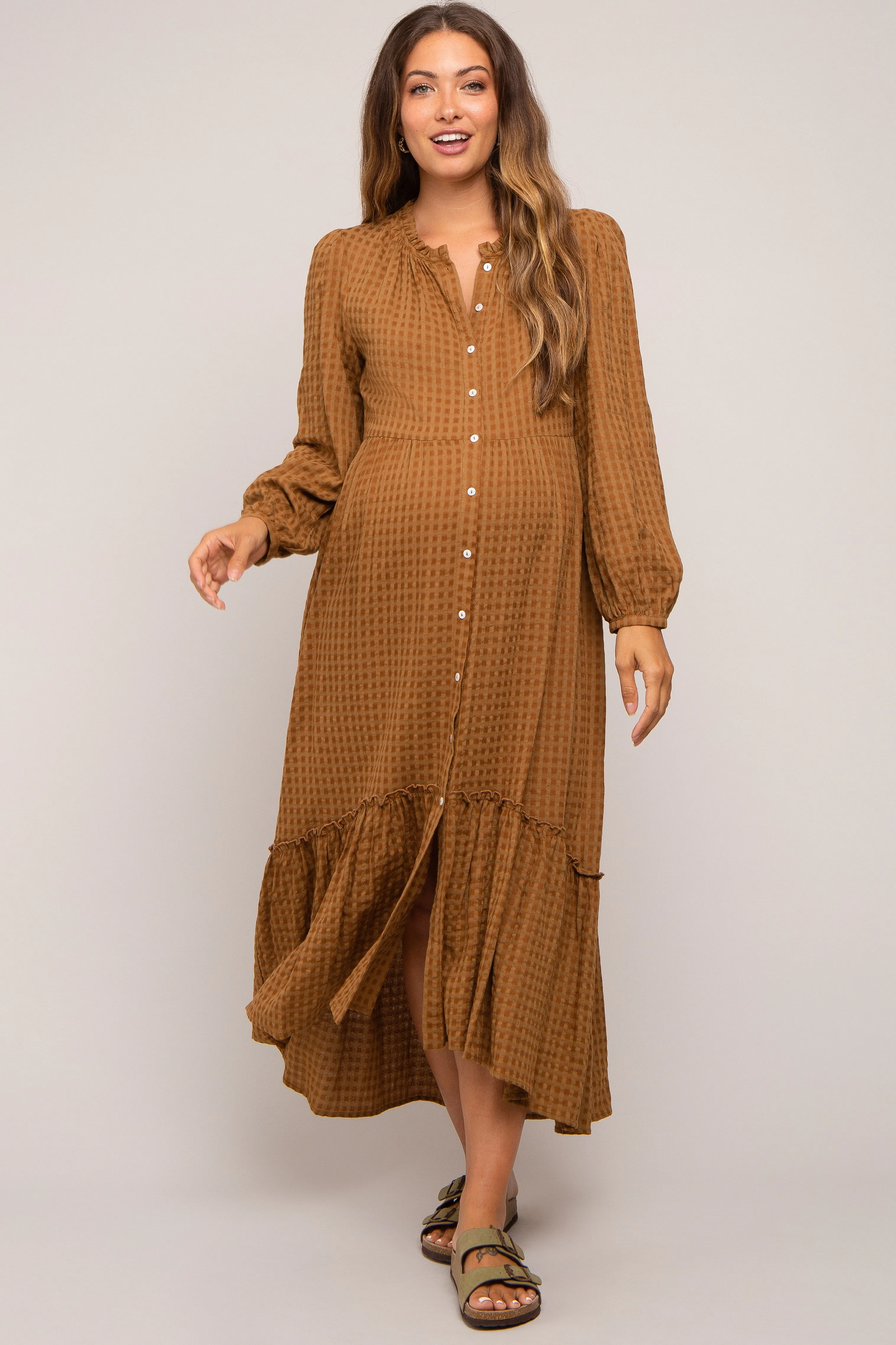 Mocha Gingham Button Maternity Midi Dress sold by Pinkblush product image thumbnail 4