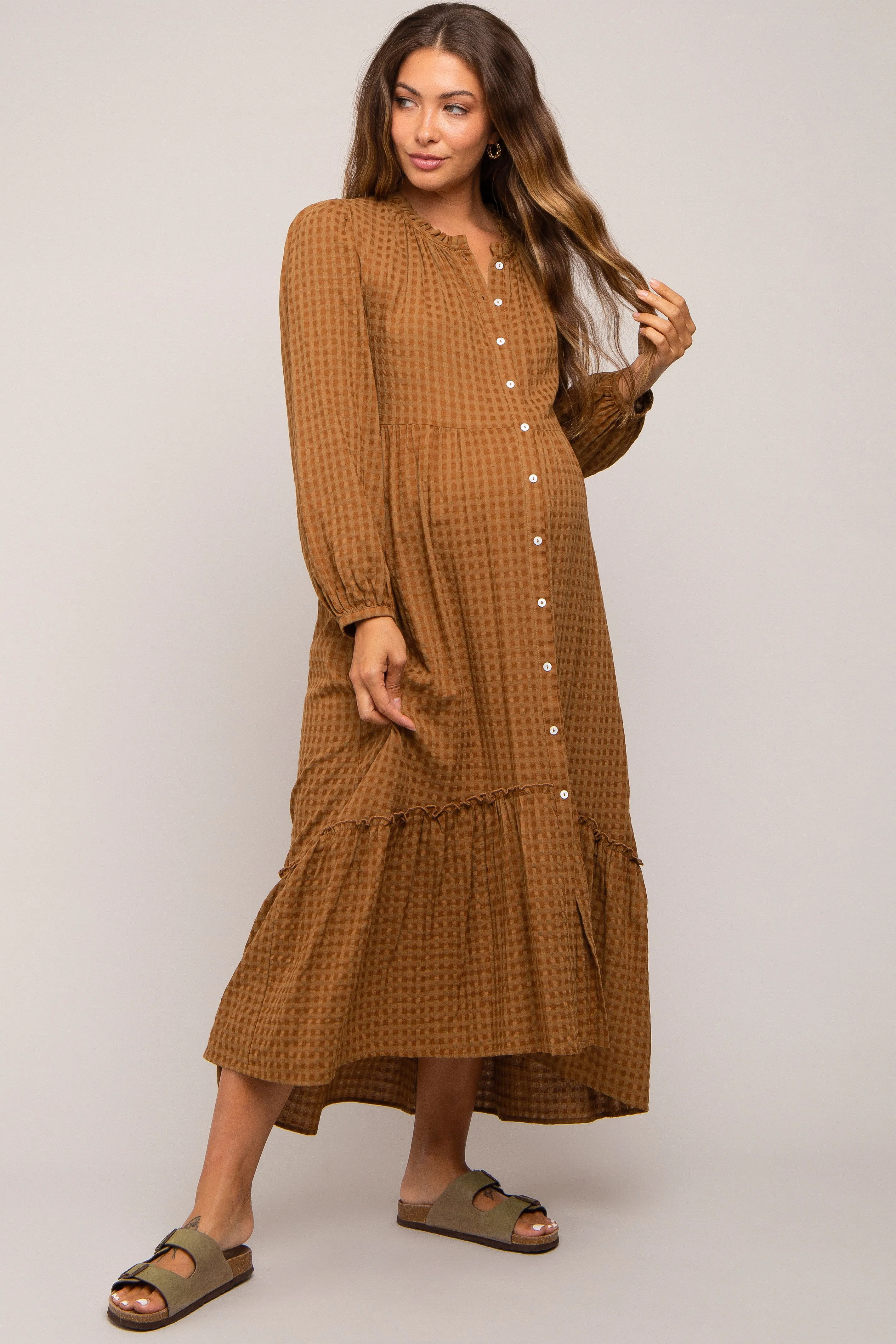 Mocha Gingham Button Maternity Midi Dress sold by Pinkblush