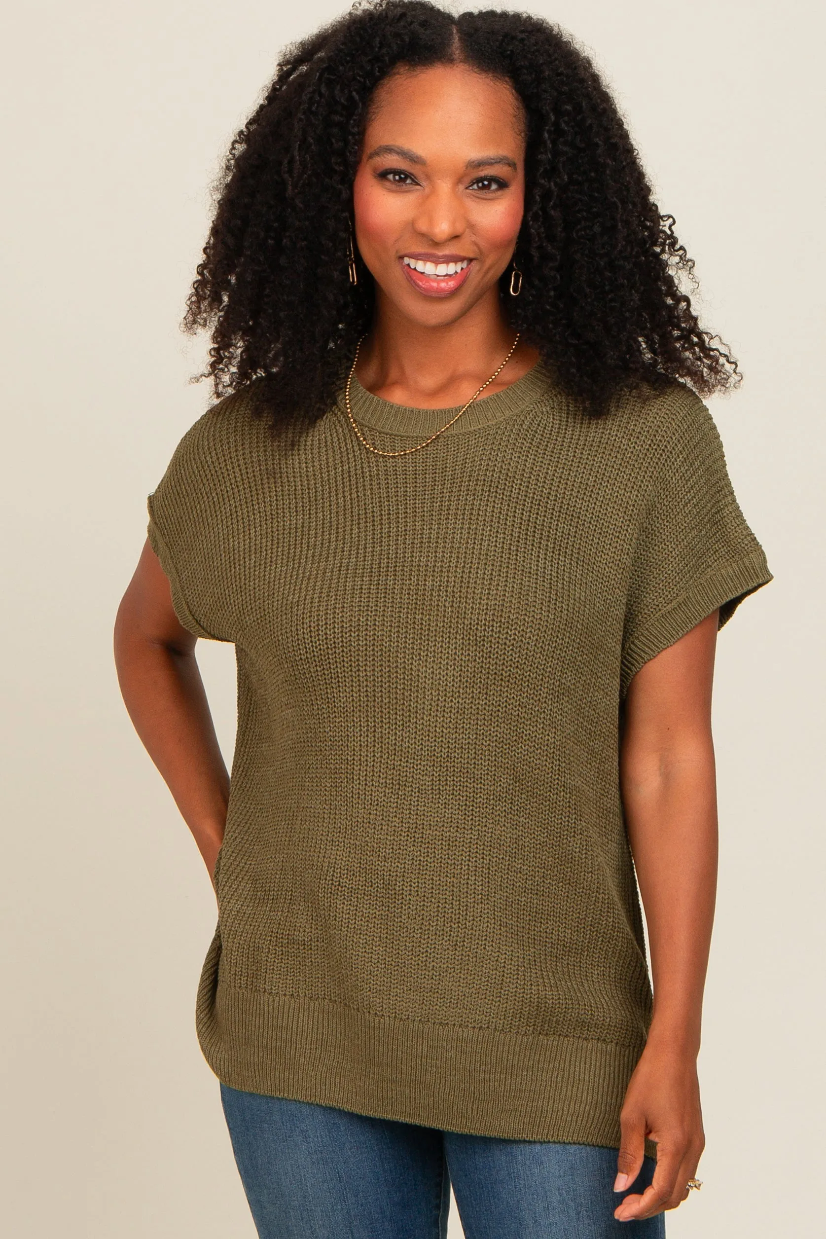 Light Olive Dolman Short Sleeve Side Slit Maternity Sweater Top sold by Pinkblush product image thumbnail 4