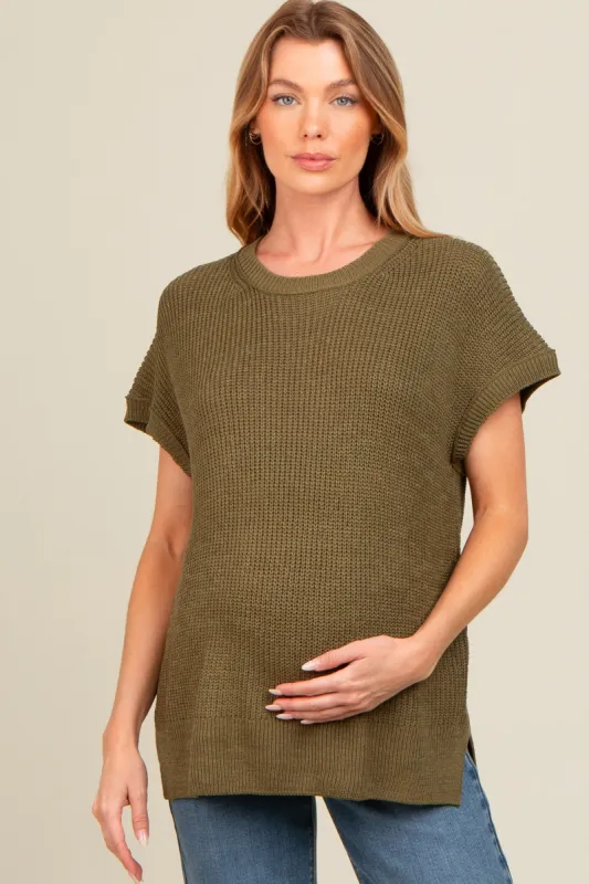 Light Olive Dolman Short Sleeve Side Slit Maternity Sweater Top sold by Pinkblush