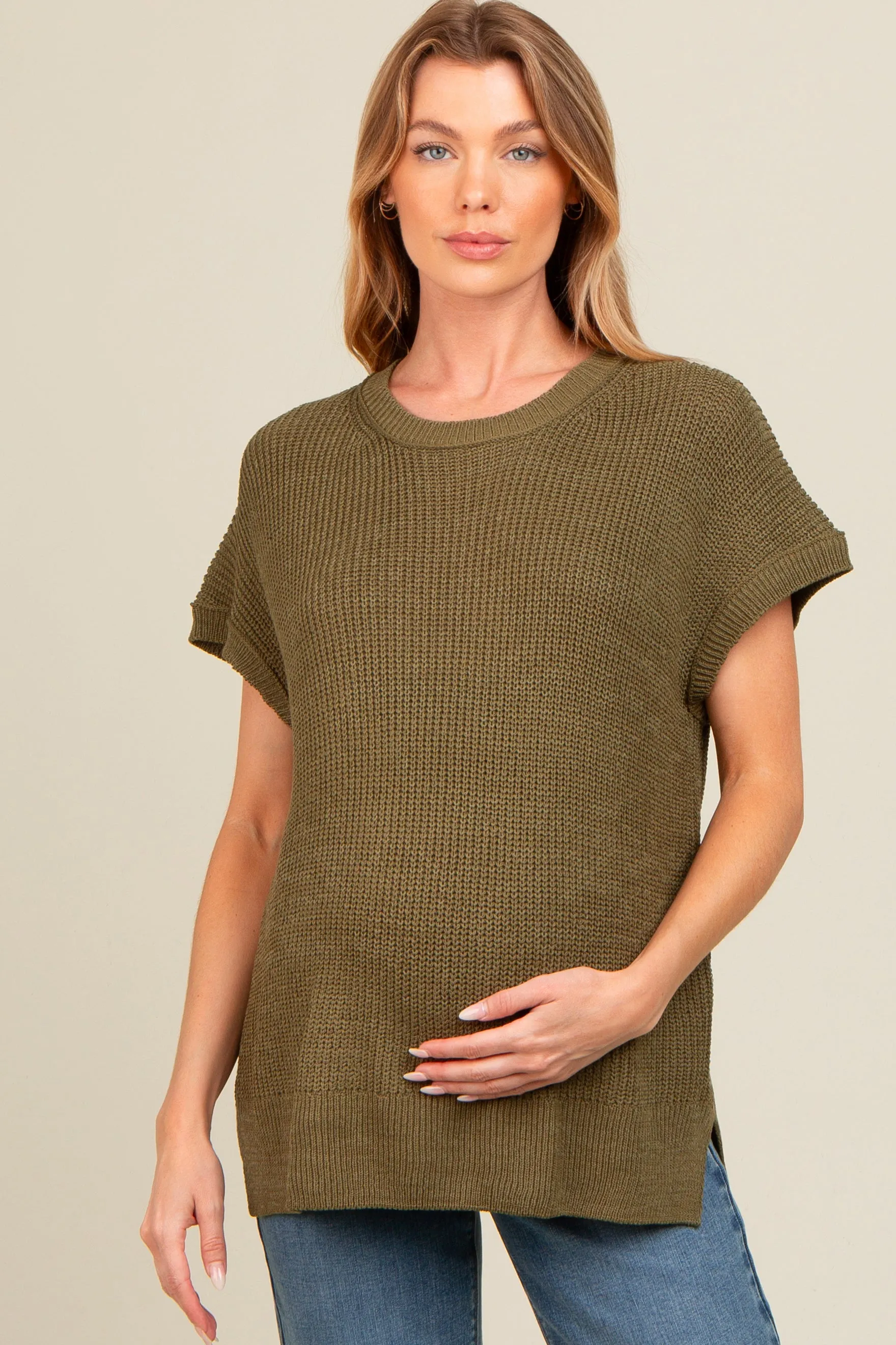 Light Olive Dolman Short Sleeve Side Slit Maternity Sweater Top sold by Pinkblush