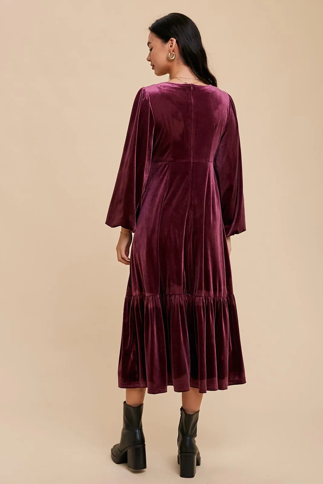 Magenta V-Neck Ruffle Hem Velvet Midi Dress sold by Pinkblush product image thumbnail 4