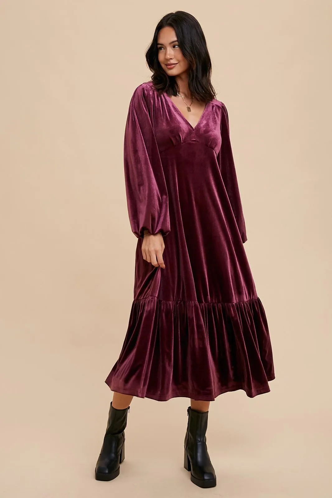 Magenta V-Neck Ruffle Hem Velvet Midi Dress sold by Pinkblush