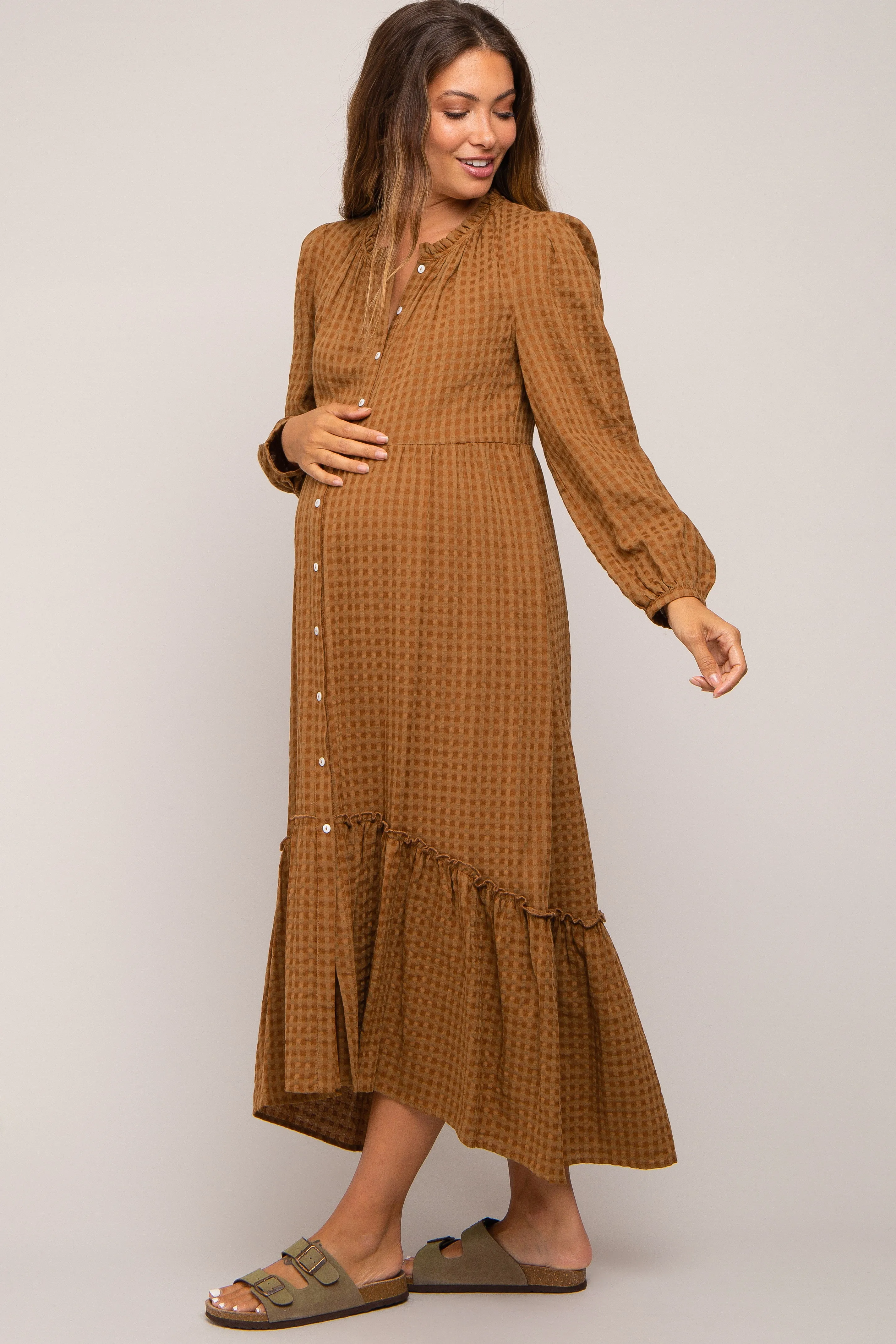 Mocha Gingham Button Maternity Midi Dress sold by Pinkblush product image thumbnail 2