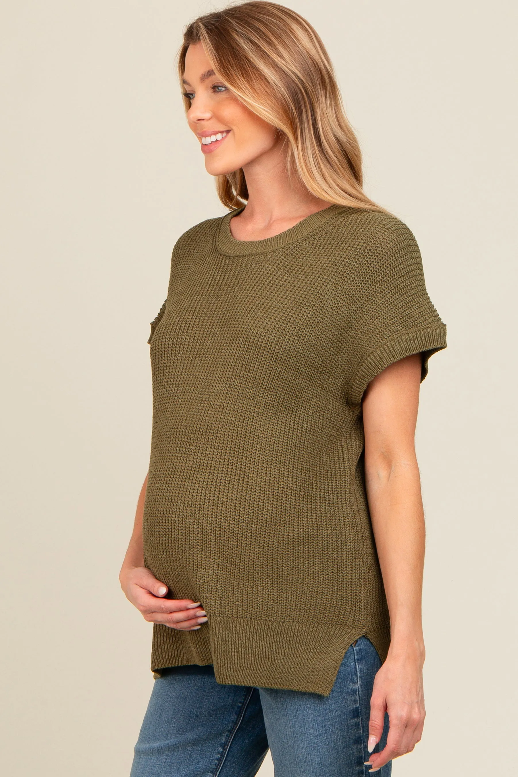 Light Olive Dolman Short Sleeve Side Slit Maternity Sweater Top sold by Pinkblush product image thumbnail 2