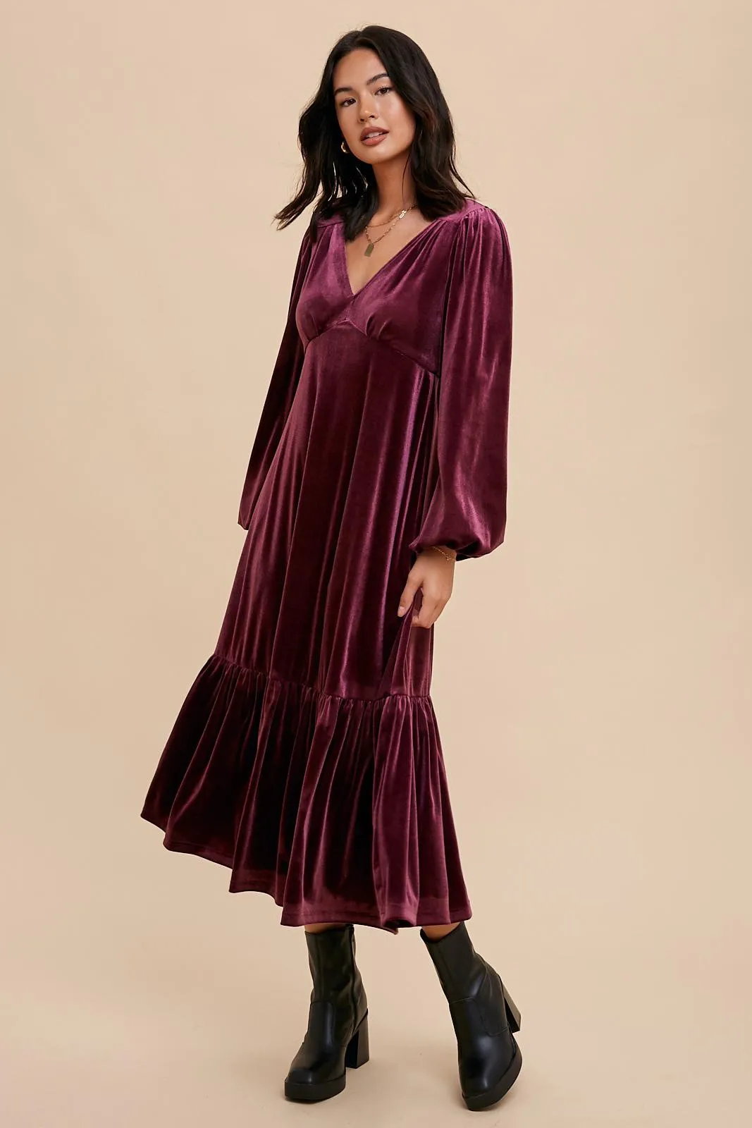 Magenta V-Neck Ruffle Hem Velvet Midi Dress sold by Pinkblush product image thumbnail 2