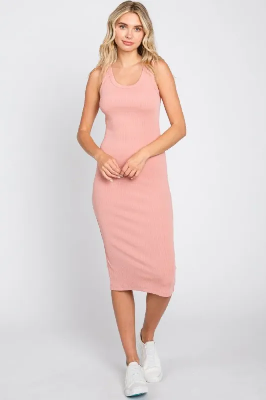 Light Pink Ribbed Fitted Midi Dress sold by Pinkblush