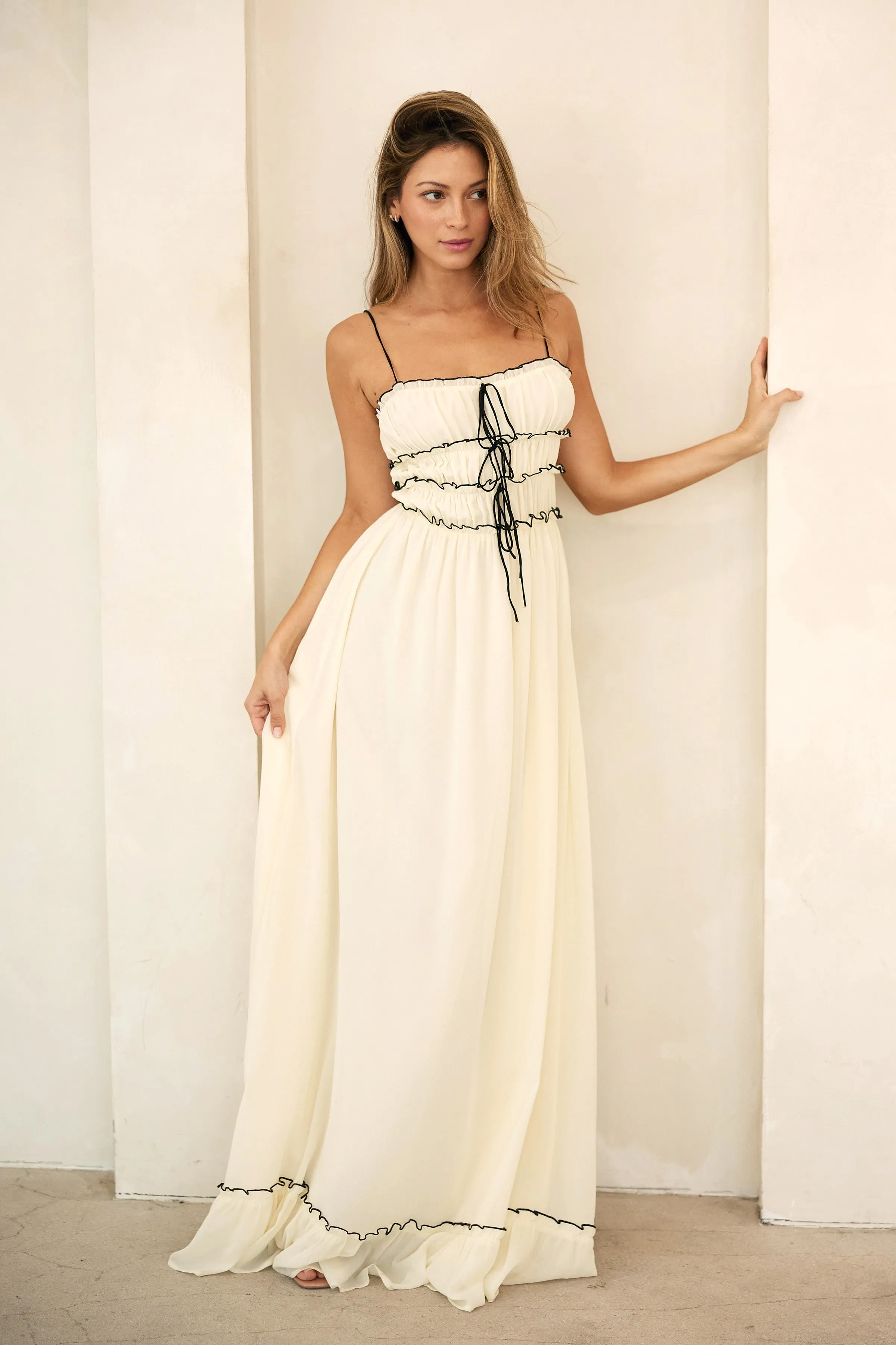 Cream Color Contrast Peasant Sleeveless Maxi Dress sold by Pinkblush