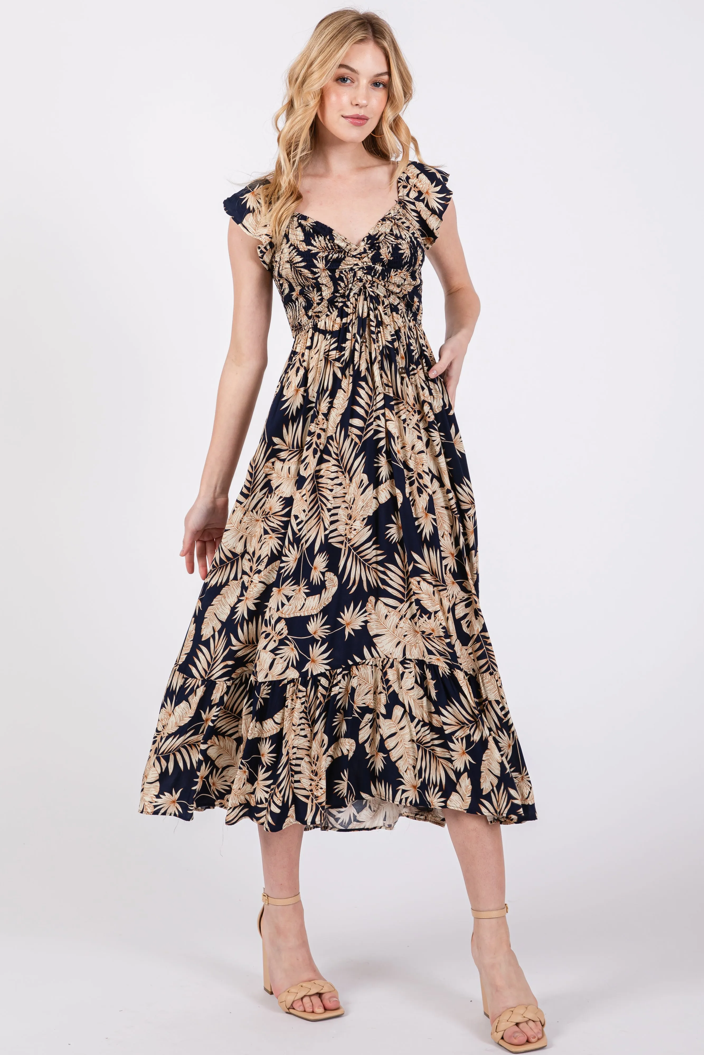 Navy Tropical Print Smocked Short Sleeve Maxi Dress sold by Pinkblush product image thumbnail 5