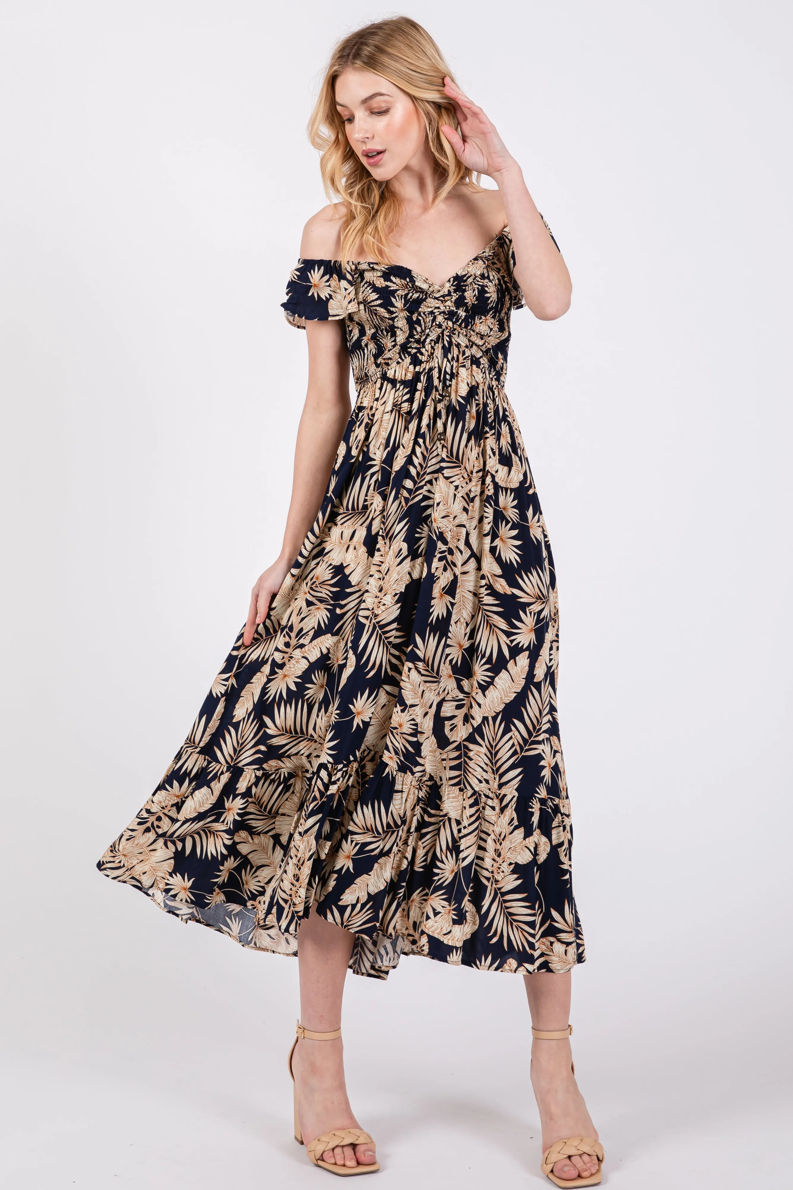 Navy Tropical Print Smocked Short Sleeve Maxi Dress sold by Pinkblush product image thumbnail 2