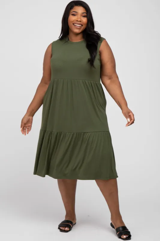Olive Ribbed Sleeveless Plus Midi Dress sold by Pinkblush