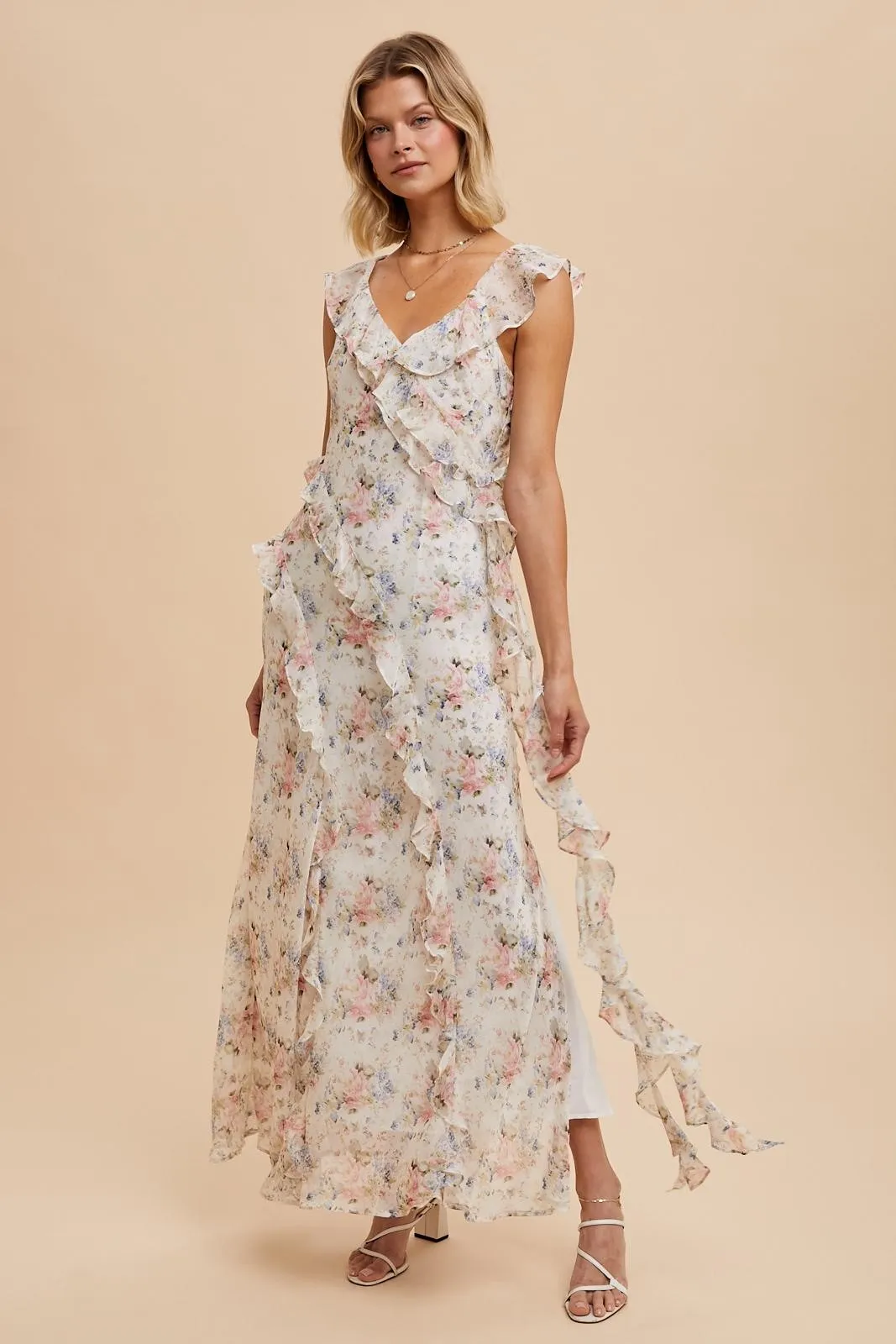 Ivory Floral Ruffled Chiffon Dress sold by Pinkblush