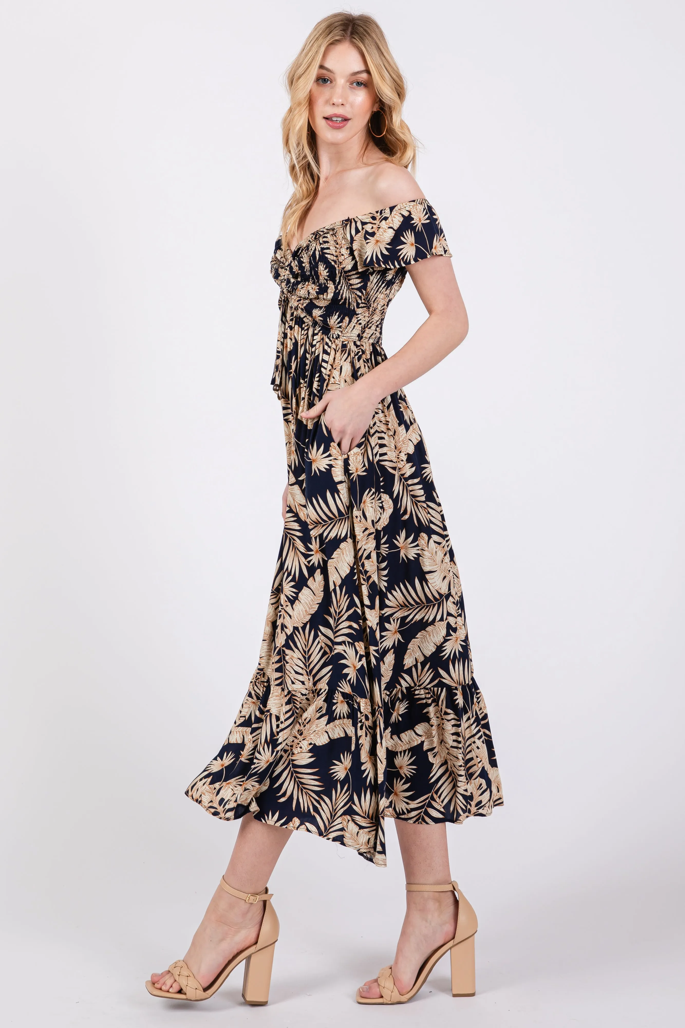 Navy Tropical Print Smocked Short Sleeve Maxi Dress sold by Pinkblush product image thumbnail 3
