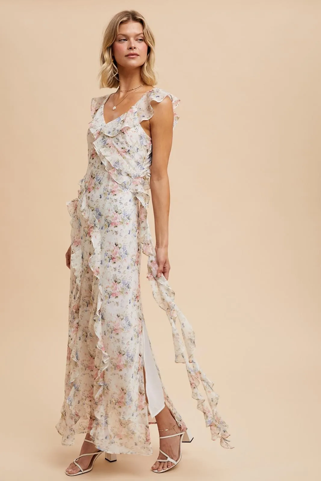 Ivory Floral Ruffled Chiffon Dress sold by Pinkblush product image thumbnail 2