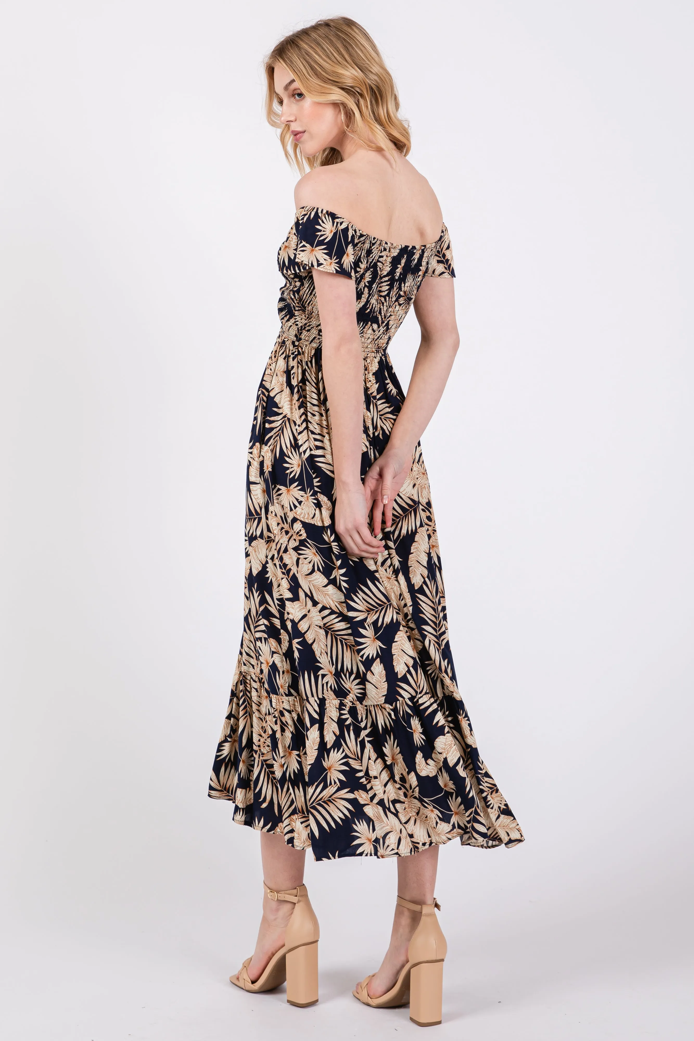 Navy Tropical Print Smocked Short Sleeve Maxi Dress sold by Pinkblush product image thumbnail 4