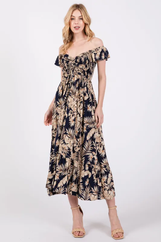 Navy Tropical Print Smocked Short Sleeve Maxi Dress sold by Pinkblush