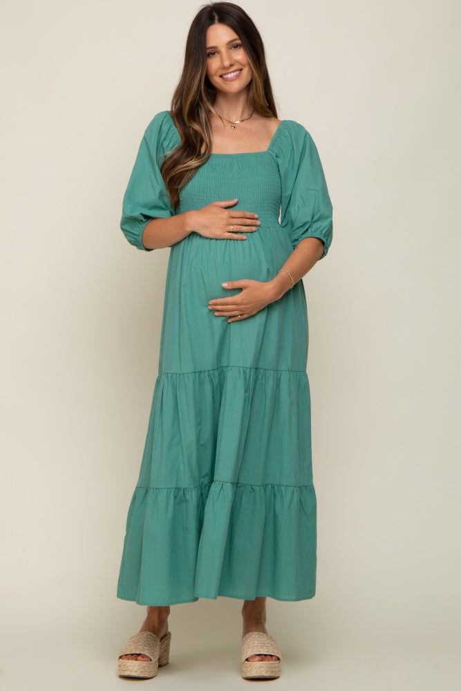Jade Square Neck Smocked Tiered Maternity Maxi Dress sold by Pinkblush