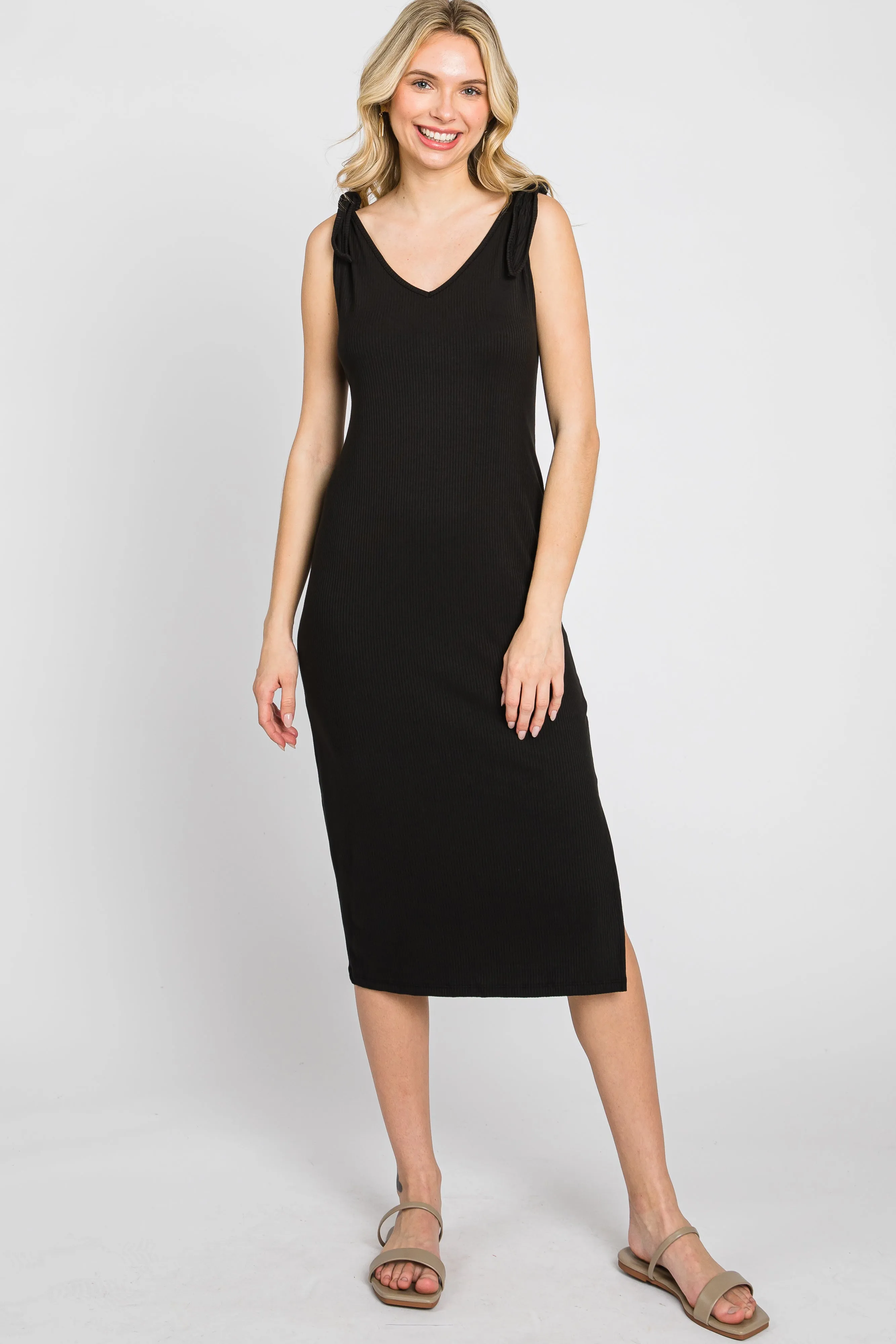 Black Ribbed Shoulder Tie Midi Dress sold by Pinkblush