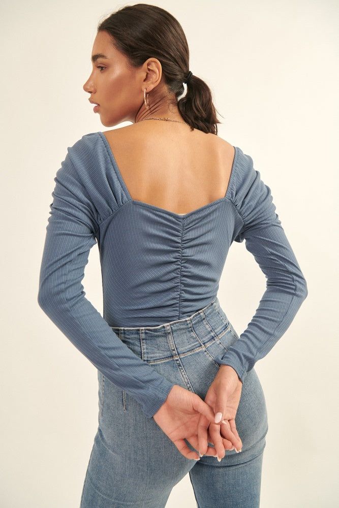 Ash Blue Solid Sweetheart Neck Ruch Low Back Bodysuit sold by Pinkblush product image thumbnail 4