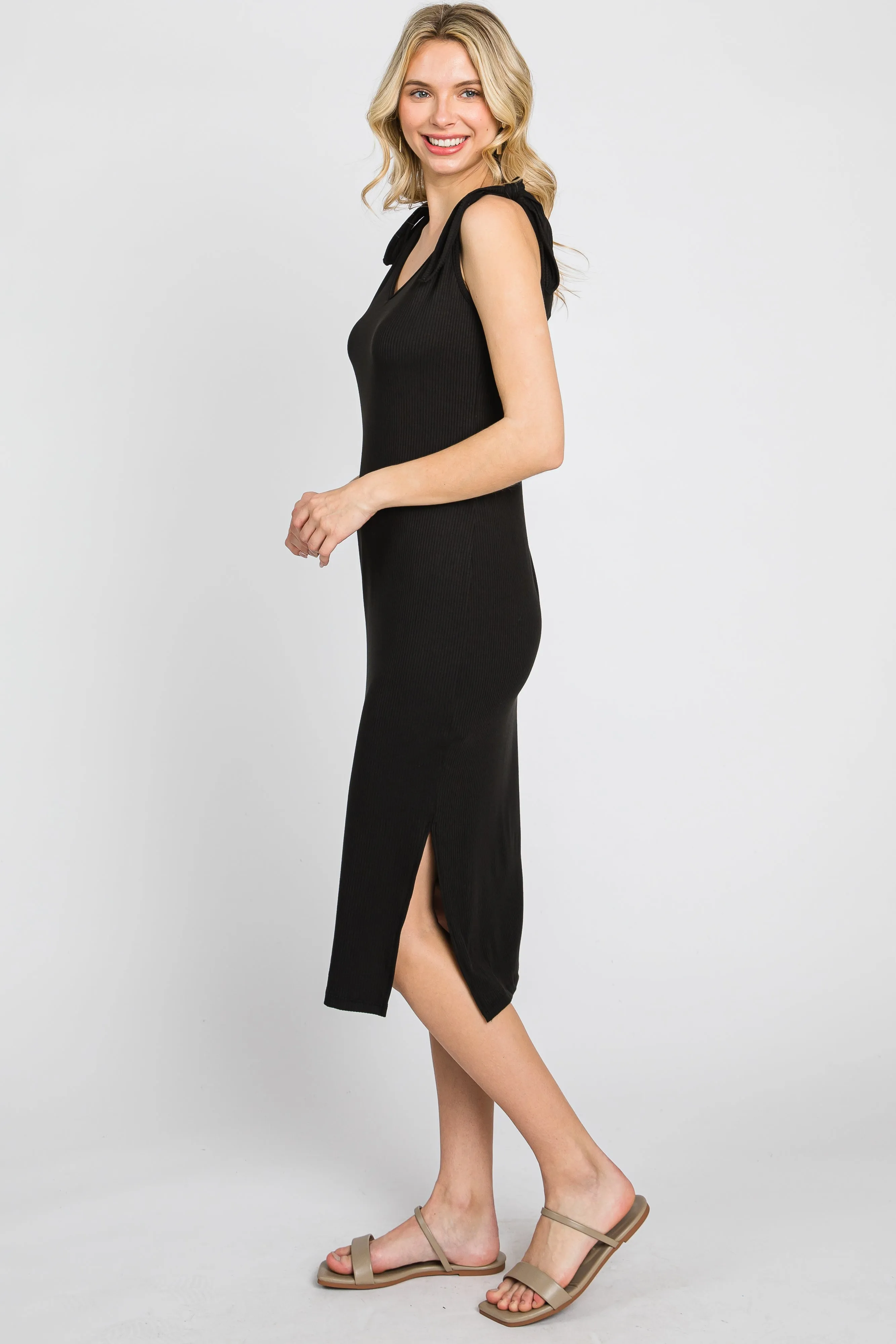 Black Ribbed Shoulder Tie Midi Dress sold by Pinkblush product image thumbnail 2