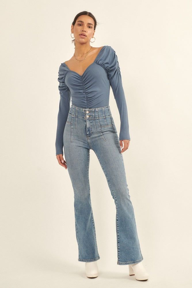 Ash Blue Solid Sweetheart Neck Ruch Low Back Bodysuit sold by Pinkblush product image thumbnail 5