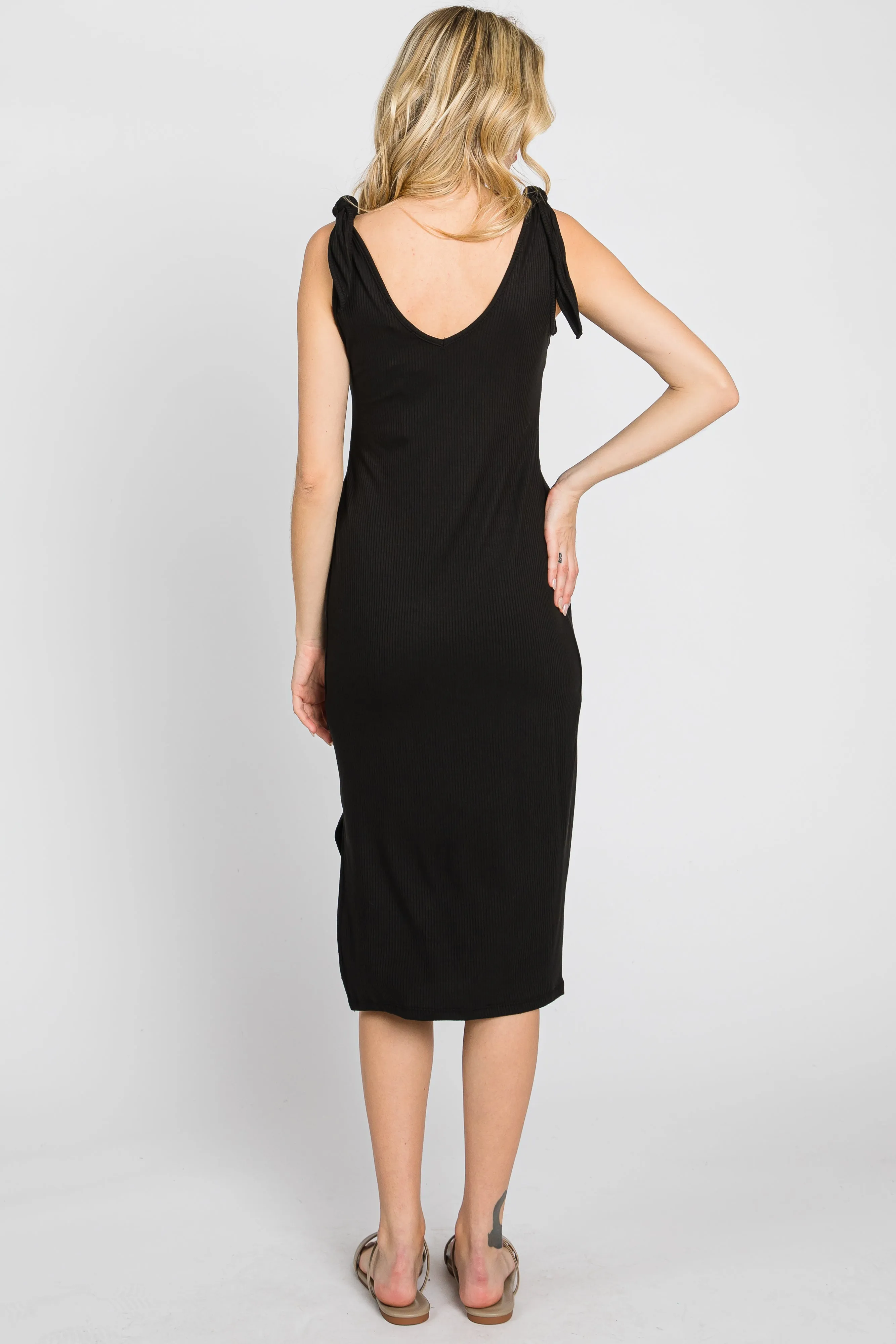 Black Ribbed Shoulder Tie Midi Dress sold by Pinkblush product image thumbnail 3