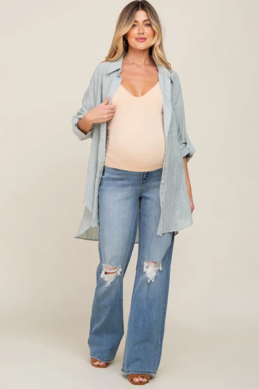 Blue Exposed Knee Maternity Flare Jeans made by Pinkblush