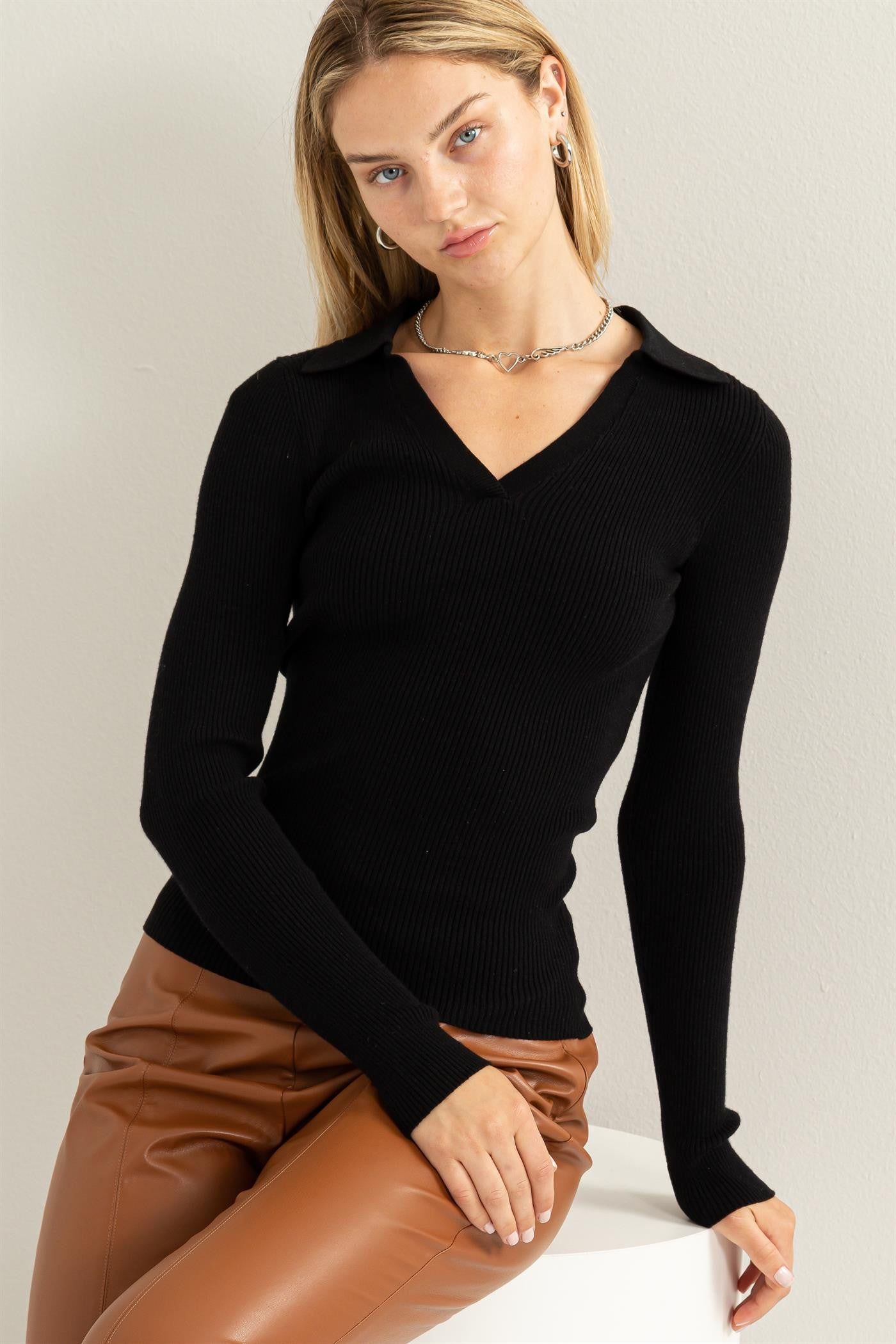 Black Long-Sleeve Collared Ribbed Top sold by Pinkblush