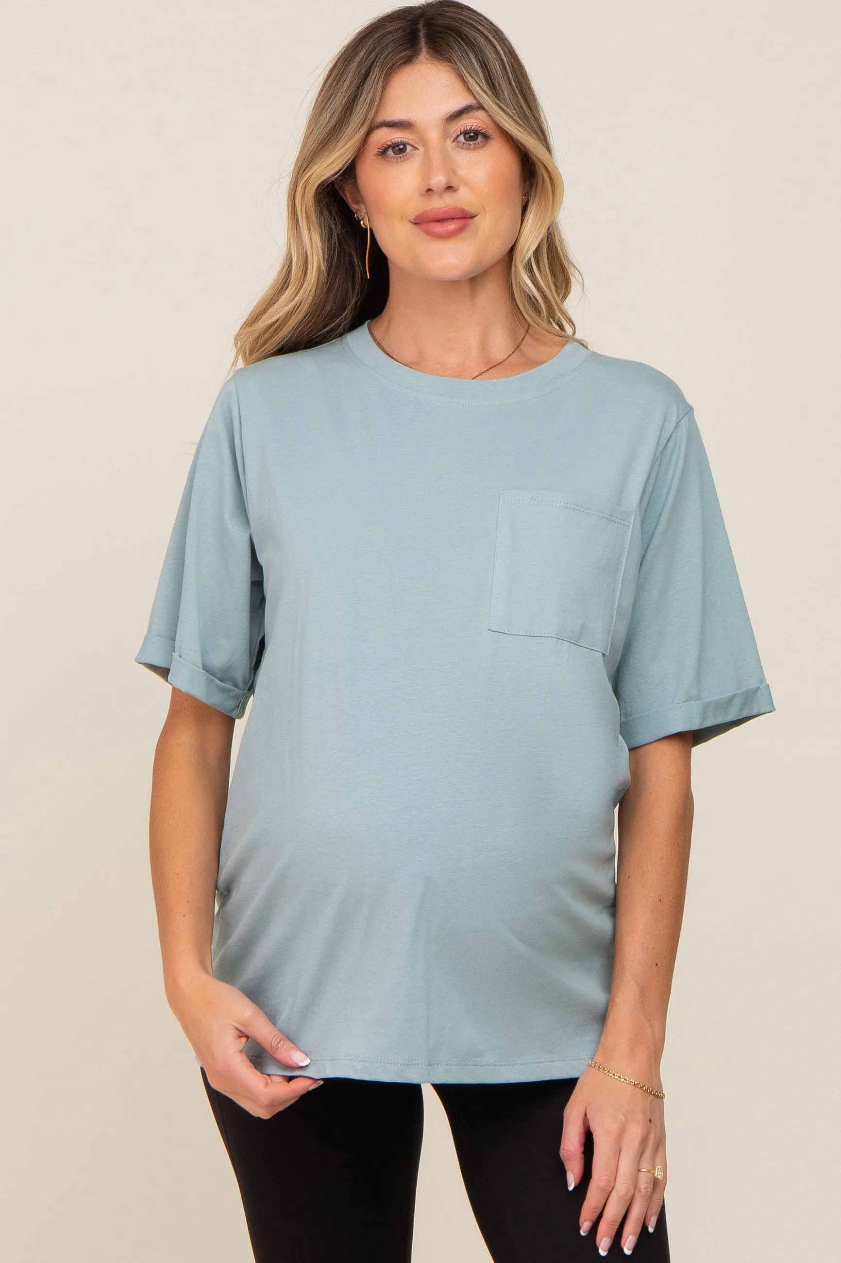 Mint Green Oversized Pocket Front Short Sleeve Maternity Top sold by Pinkblush