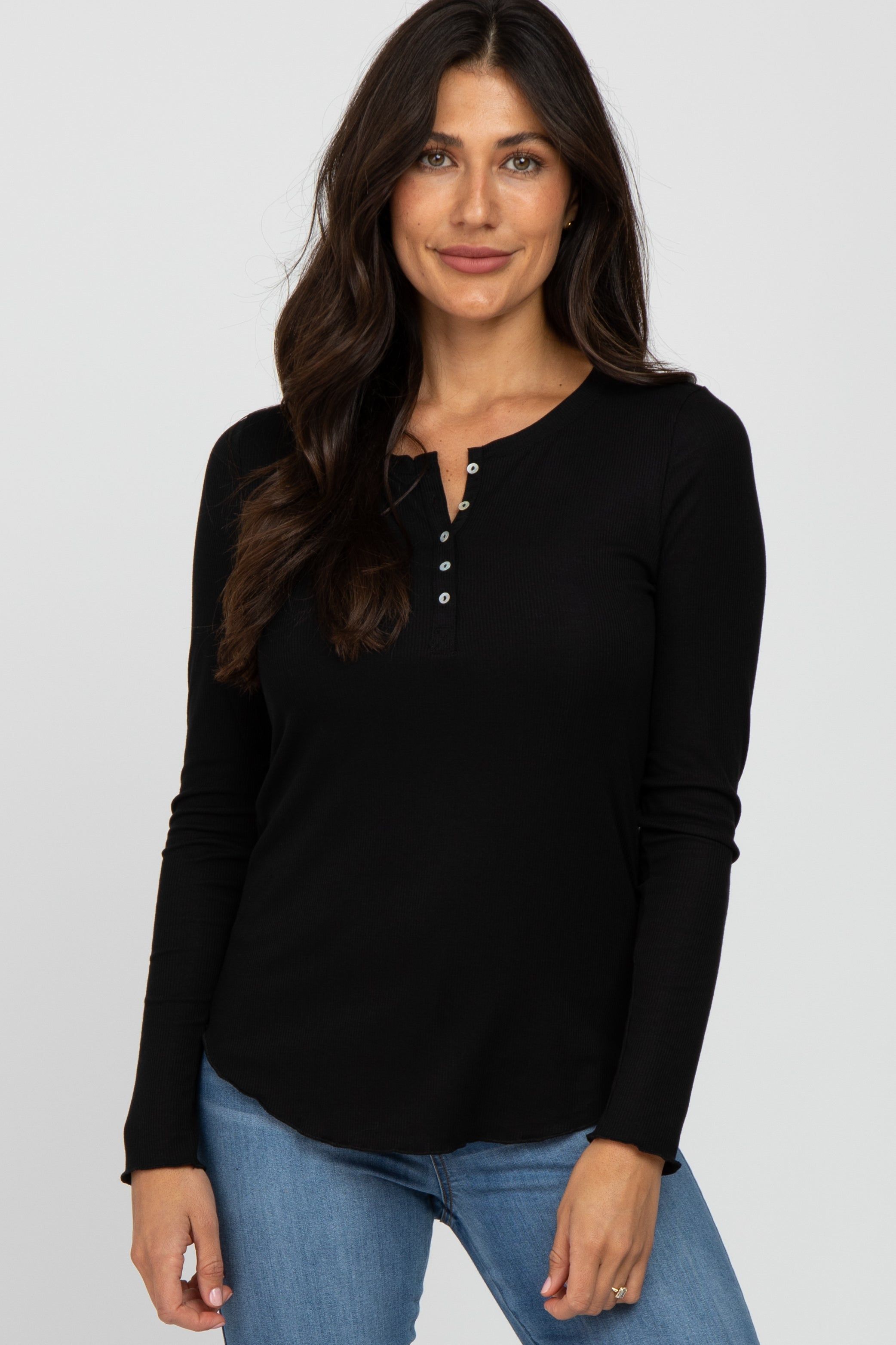 Black Ribbed Button Front Long Sleeve Maternity Top sold by Pinkblush product image thumbnail 5