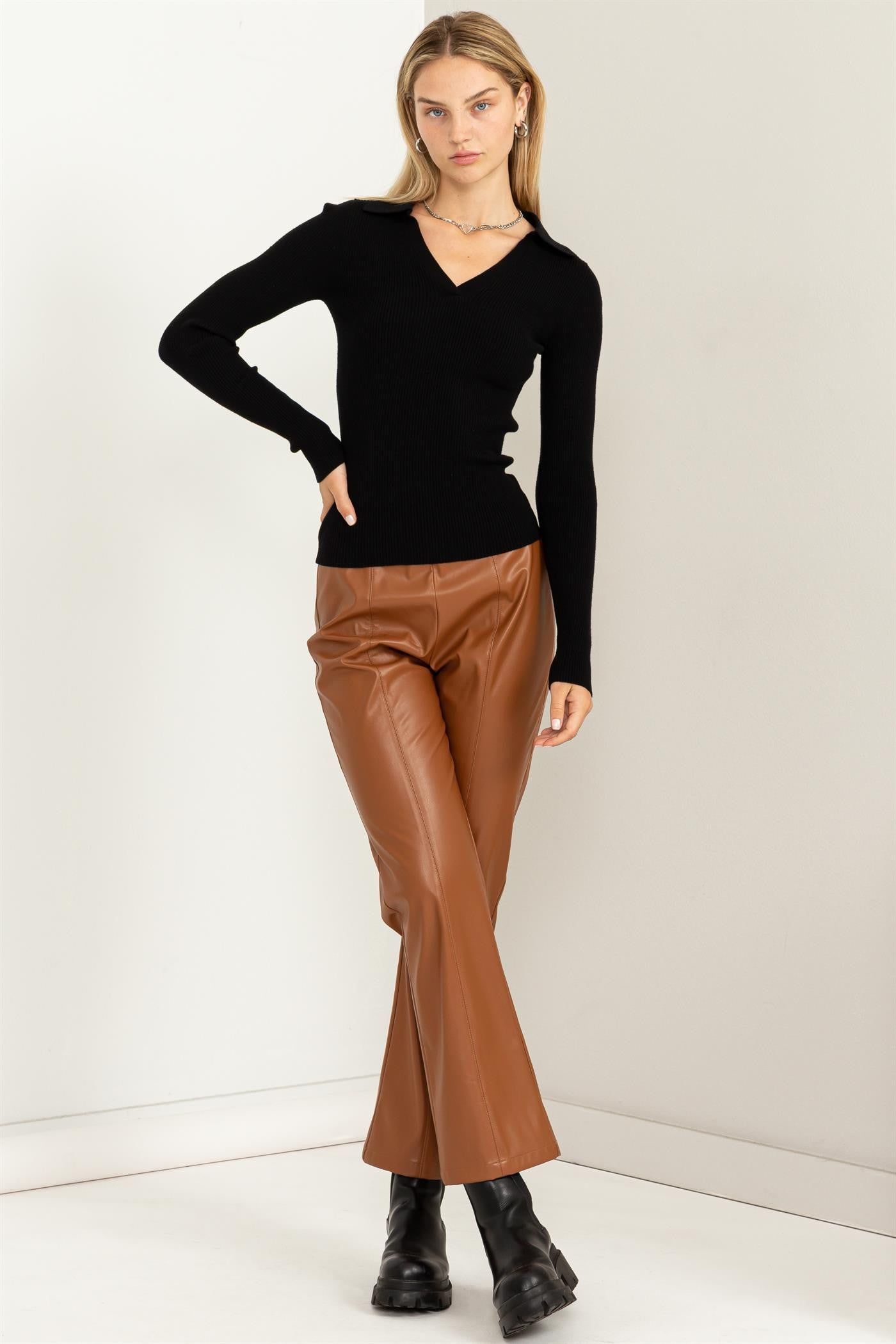 Black Long-Sleeve Collared Ribbed Top sold by Pinkblush product image thumbnail 2