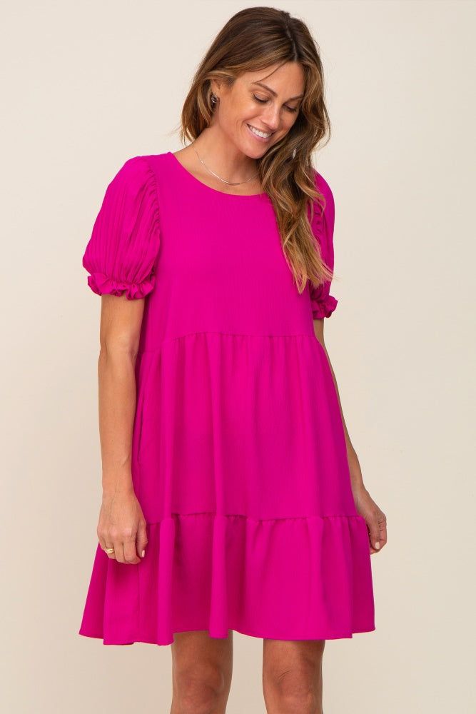 Fuchsia Tiered Puff Sleeve Dress sold by Pinkblush