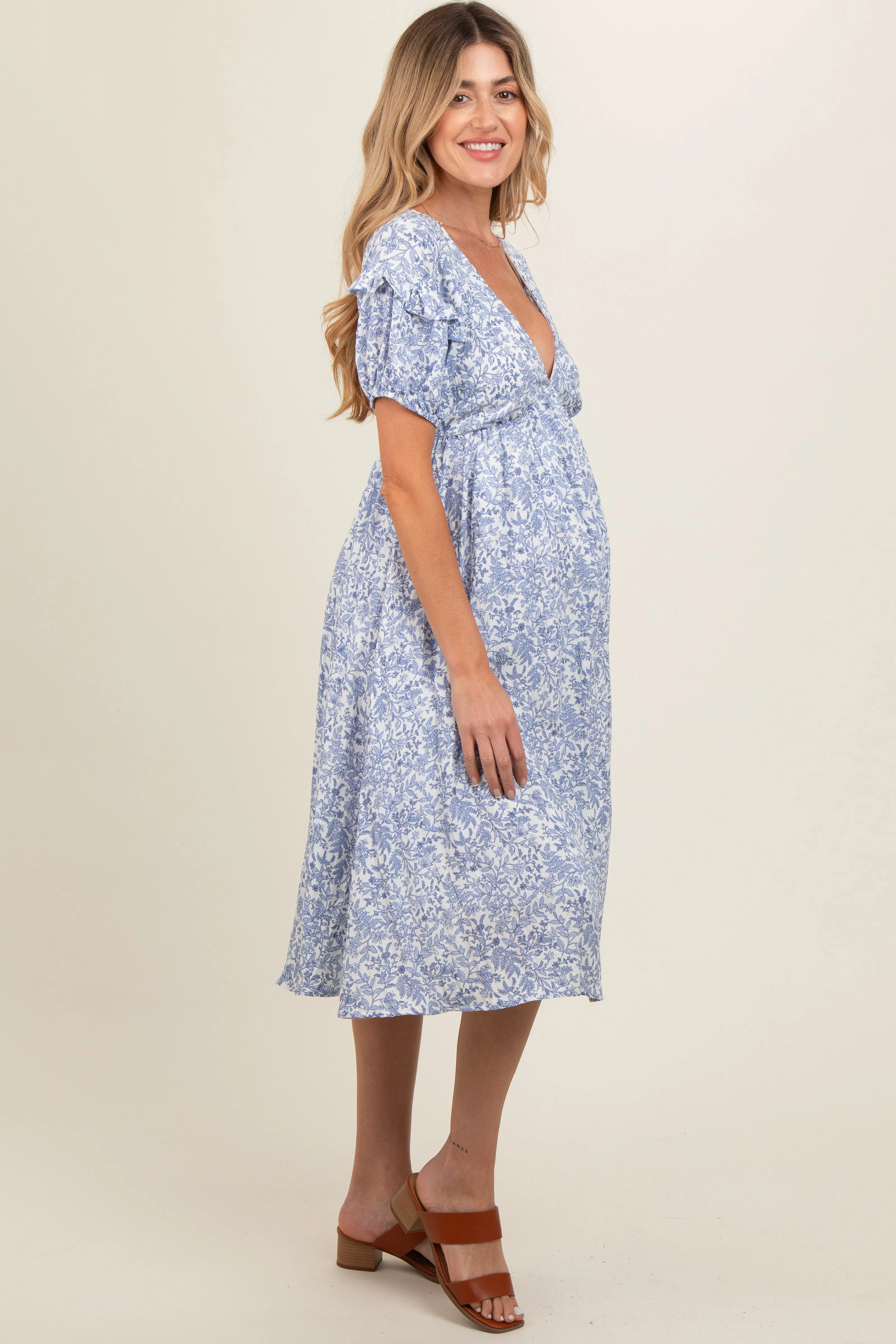 Blue Floral Tie Back Maternity Midi Dress sold by Pinkblush product image thumbnail 3