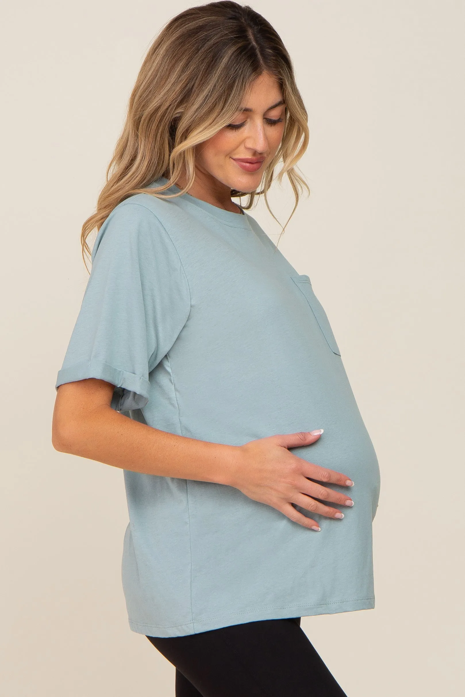 Mint Green Oversized Pocket Front Short Sleeve Maternity Top sold by Pinkblush product image thumbnail 2