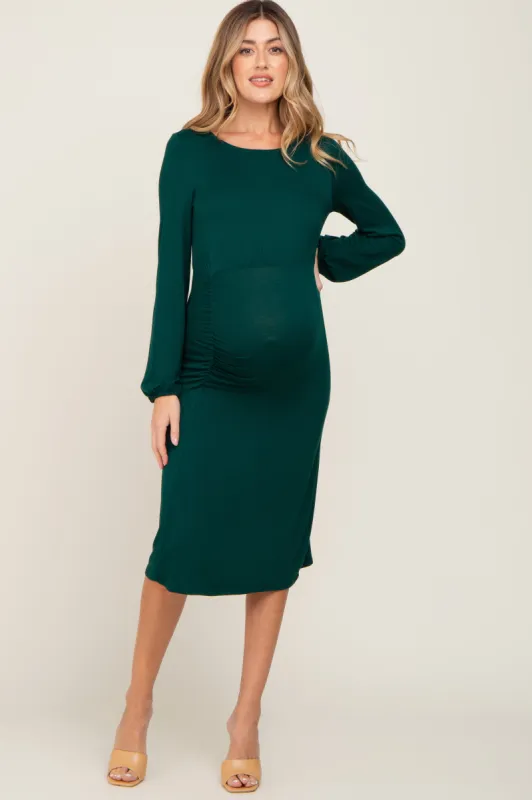 Hunter Green Long Sleeve Ruched Maternity Midi Dress sold by Pinkblush