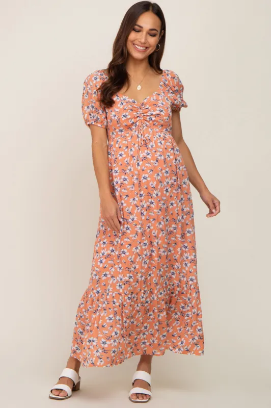 Coral Floral Sweetheart Drawstring Neck Short Sleeve Maternity Midi Dress sold by Pinkblush