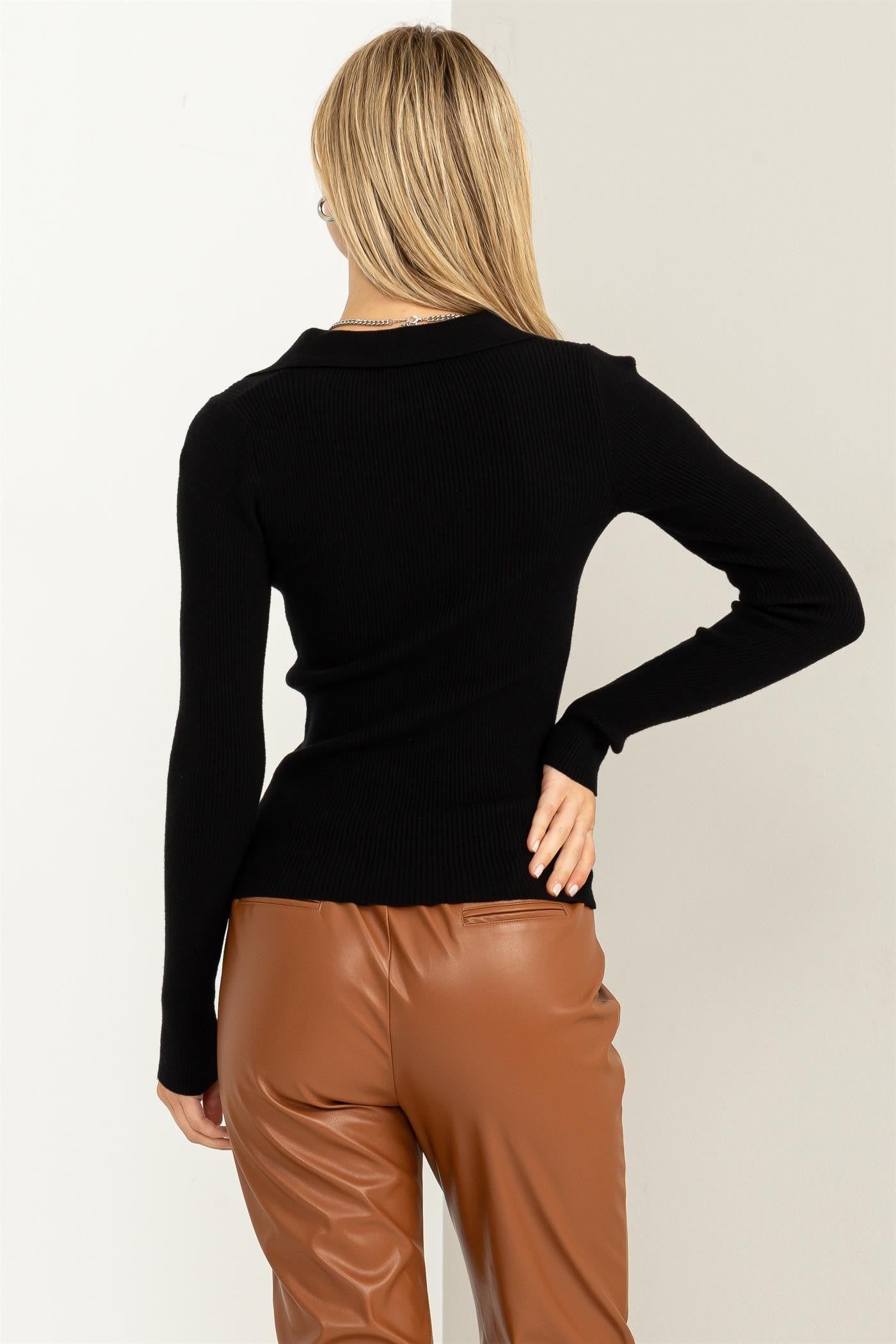Black Long-Sleeve Collared Ribbed Top sold by Pinkblush product image thumbnail 3