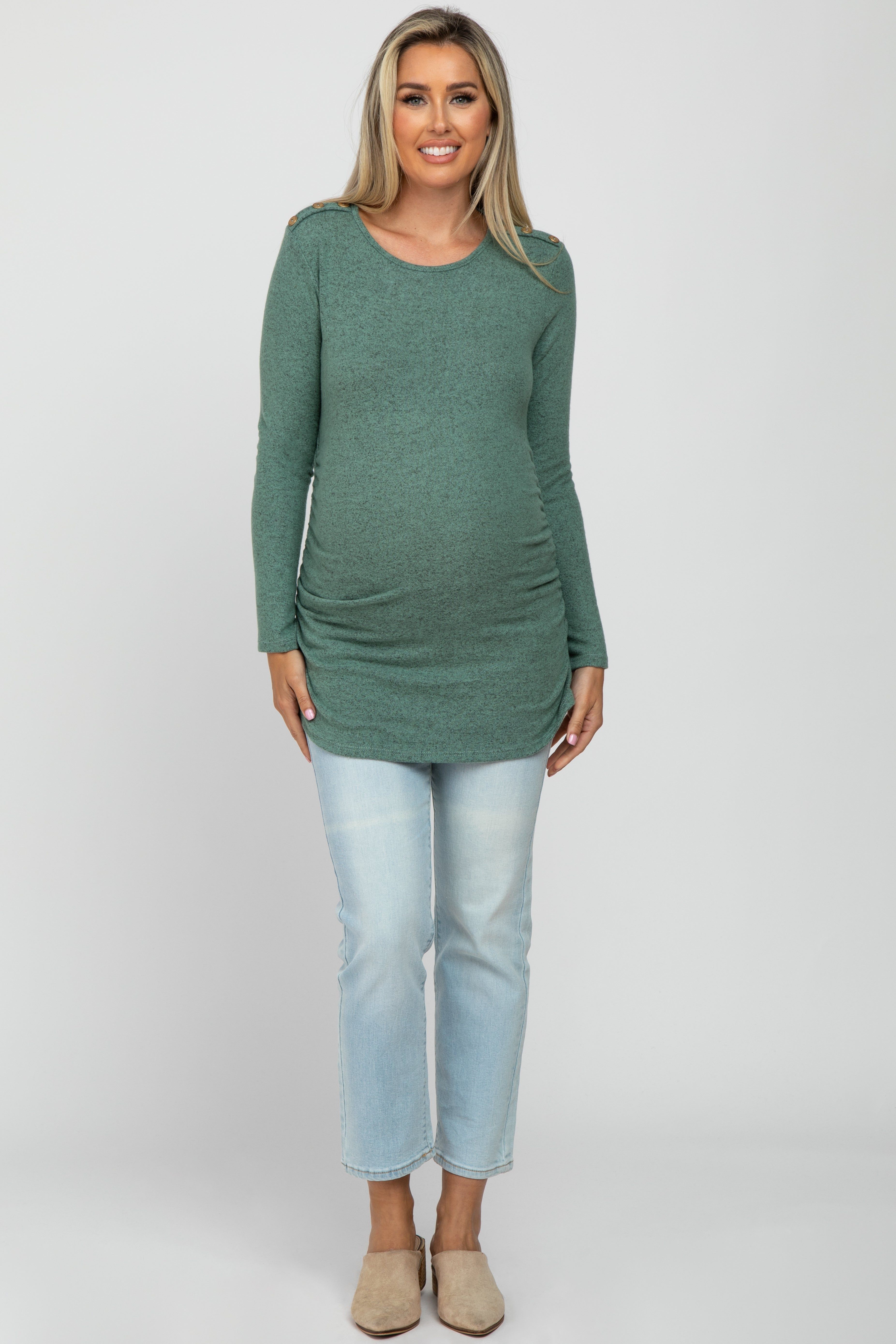 Mint Soft Knit Button Shoulder Ruched Side Maternity Top sold by Pinkblush product image thumbnail 2