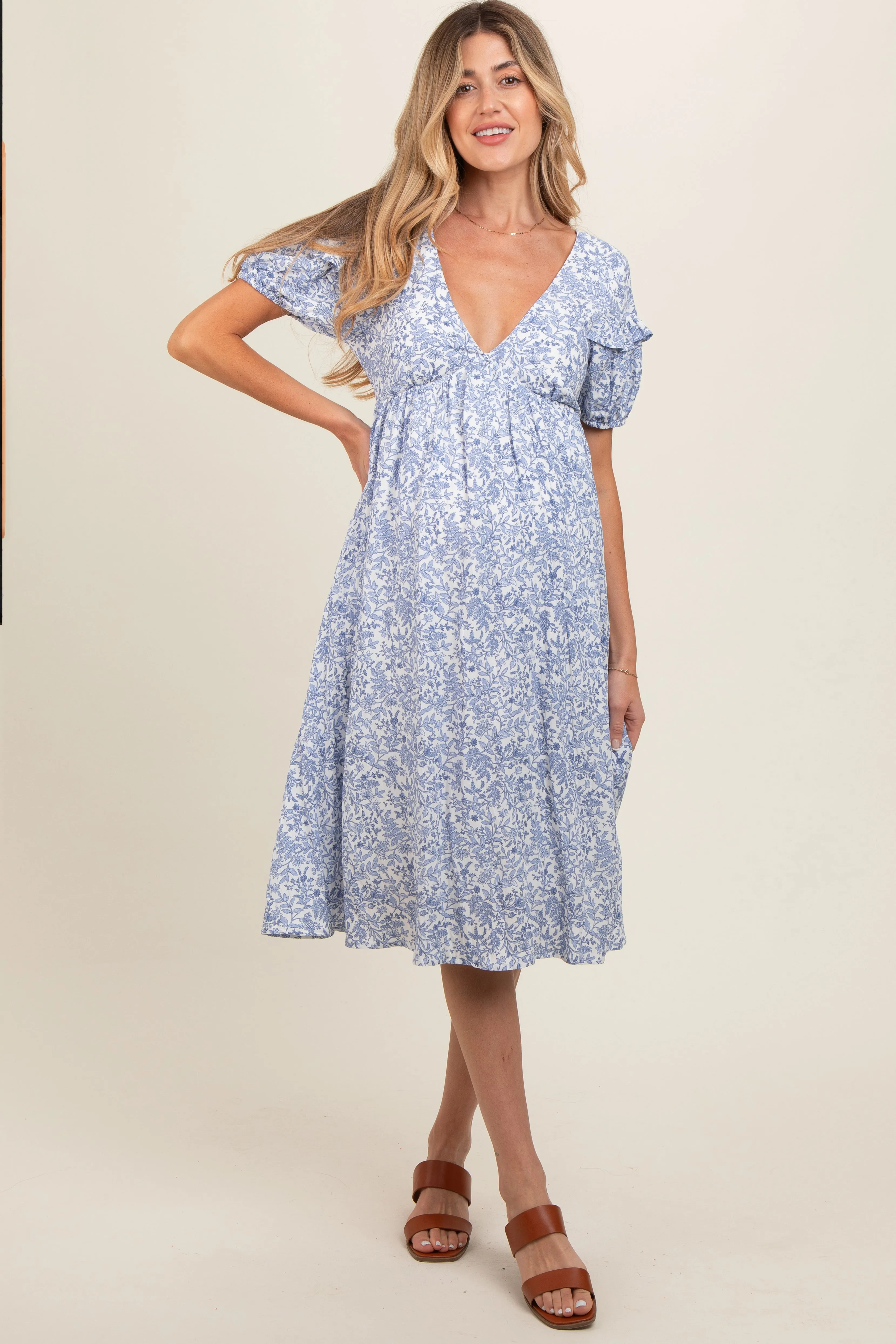 Blue Floral Tie Back Maternity Midi Dress sold by Pinkblush