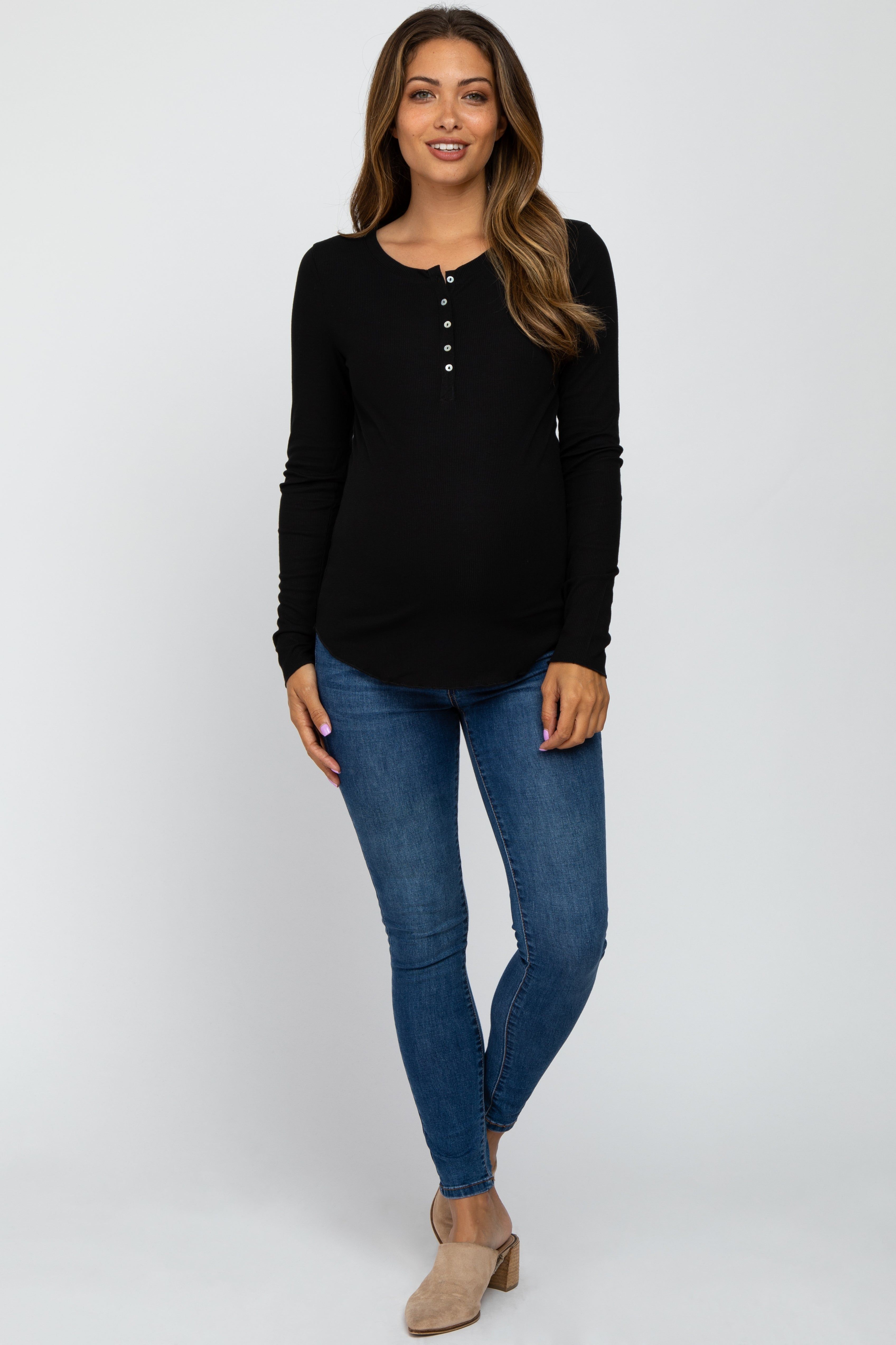 Black Ribbed Button Front Long Sleeve Maternity Top sold by Pinkblush product image thumbnail 4