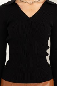 Black Long-Sleeve Collared Ribbed Top sold by Pinkblush