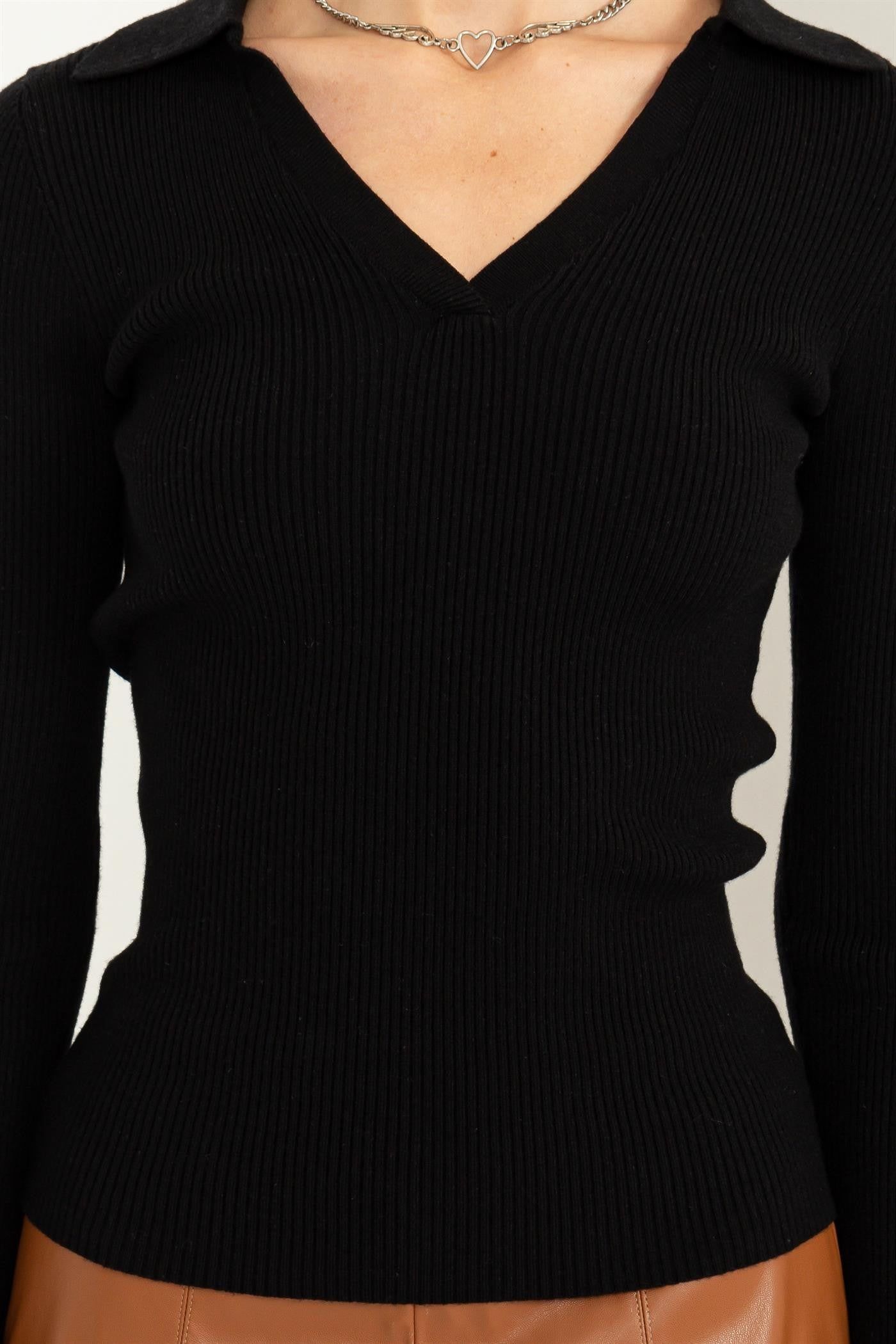 Black Long-Sleeve Collared Ribbed Top sold by Pinkblush product image thumbnail 4