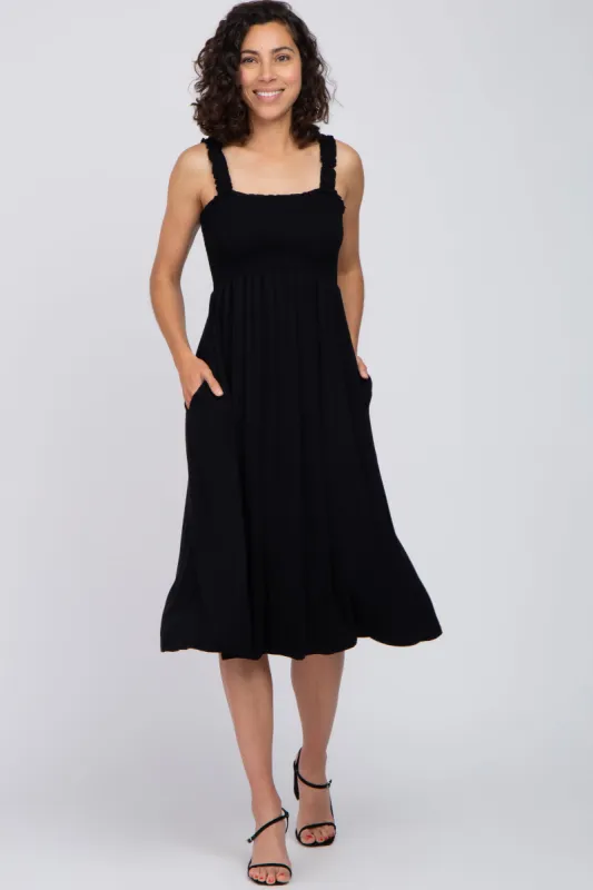 Black Smocked Ruffle Strap Midi Dress sold by Pinkblush