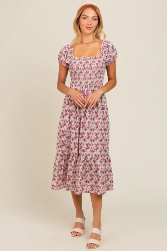 Magenta Floral Smocked Ruffle Hem Midi Dress sold by Pinkblush