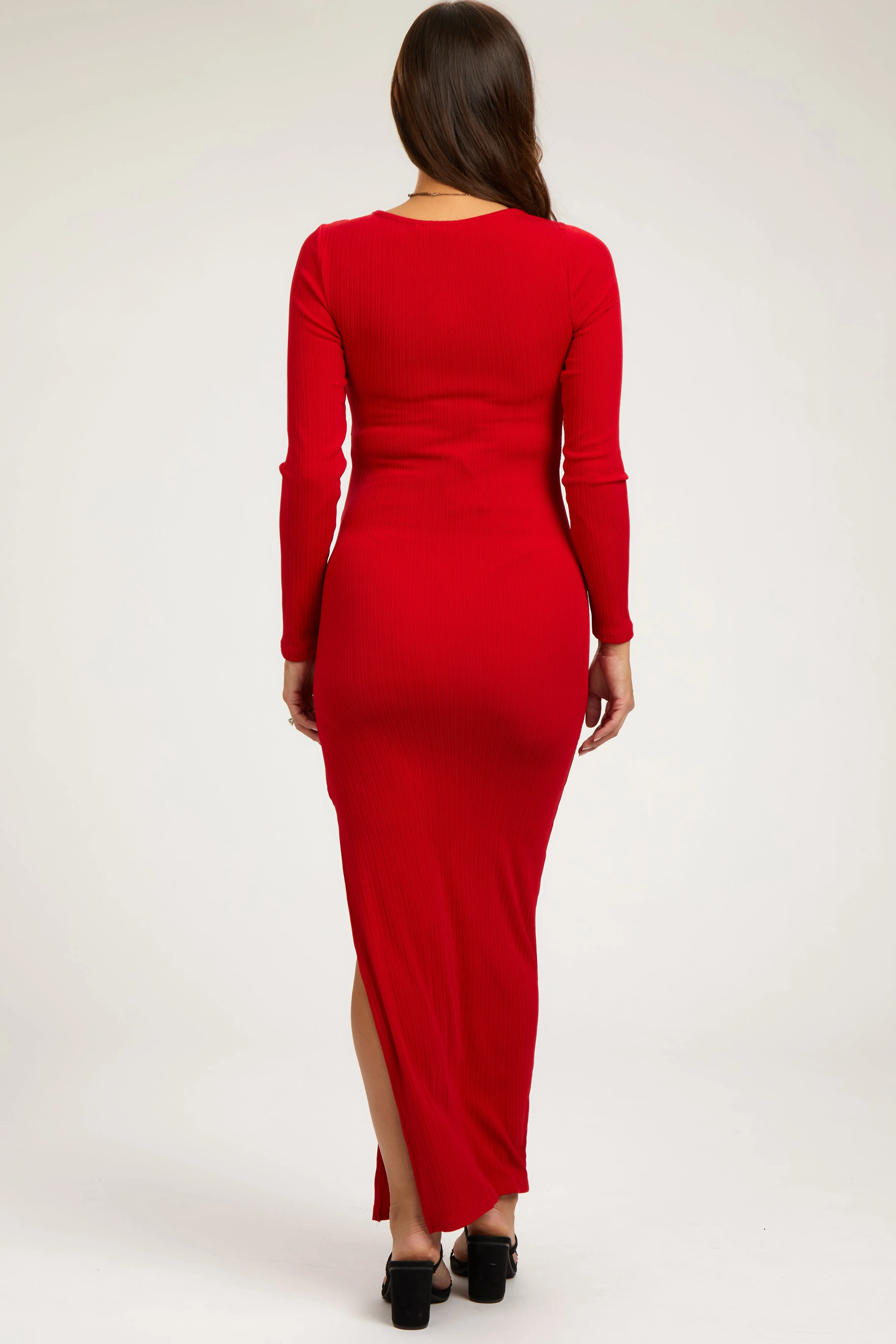 Red Ribbed Long Sleeve Side Slit Maternity Maxi Dress sold by Pinkblush product image thumbnail 3