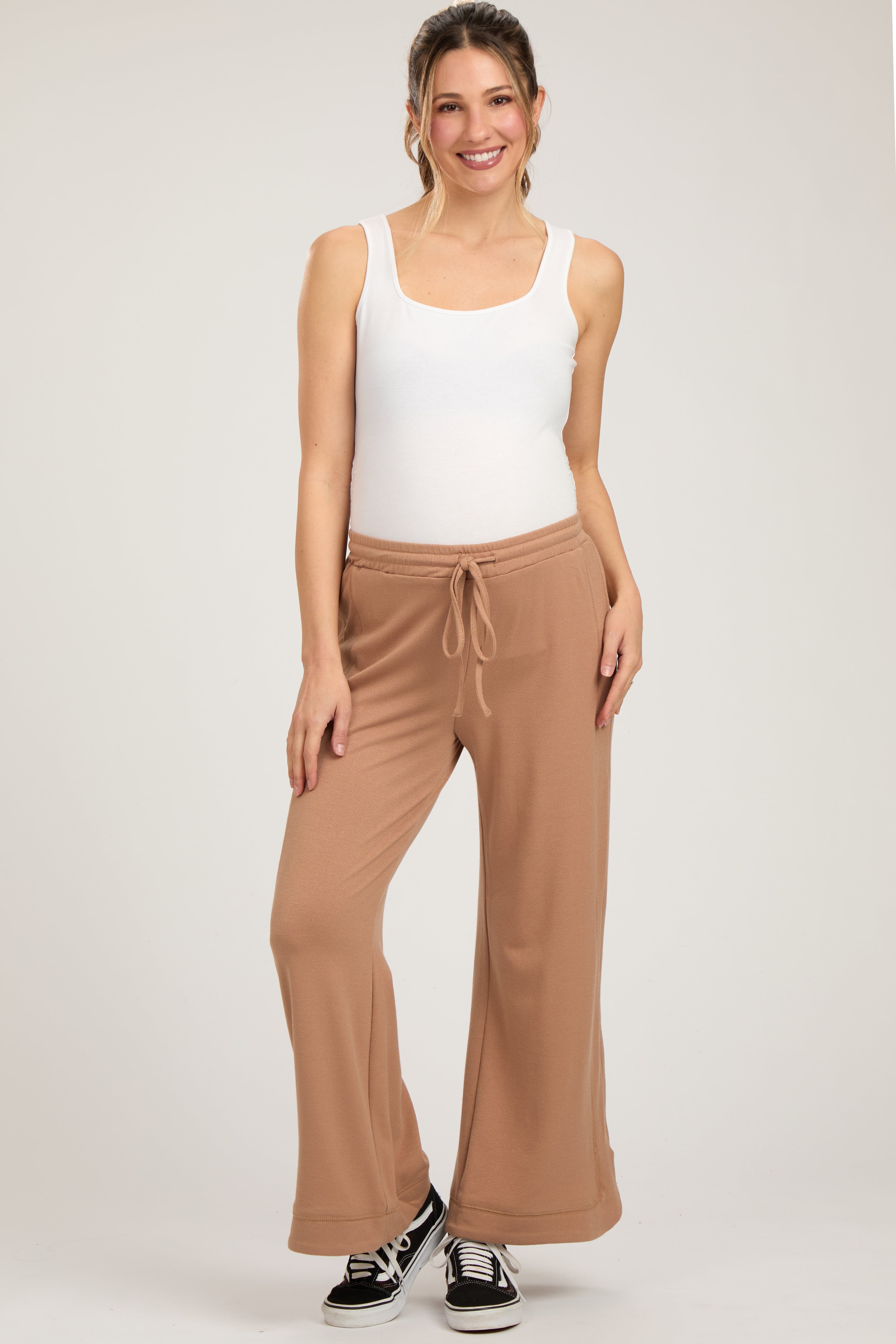 Camel Wide Leg Drawstring Maternity Pants sold by Pinkblush