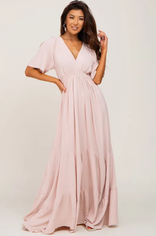 Light Pink Deep V-Neck Maxi Dress sold by Pinkblush