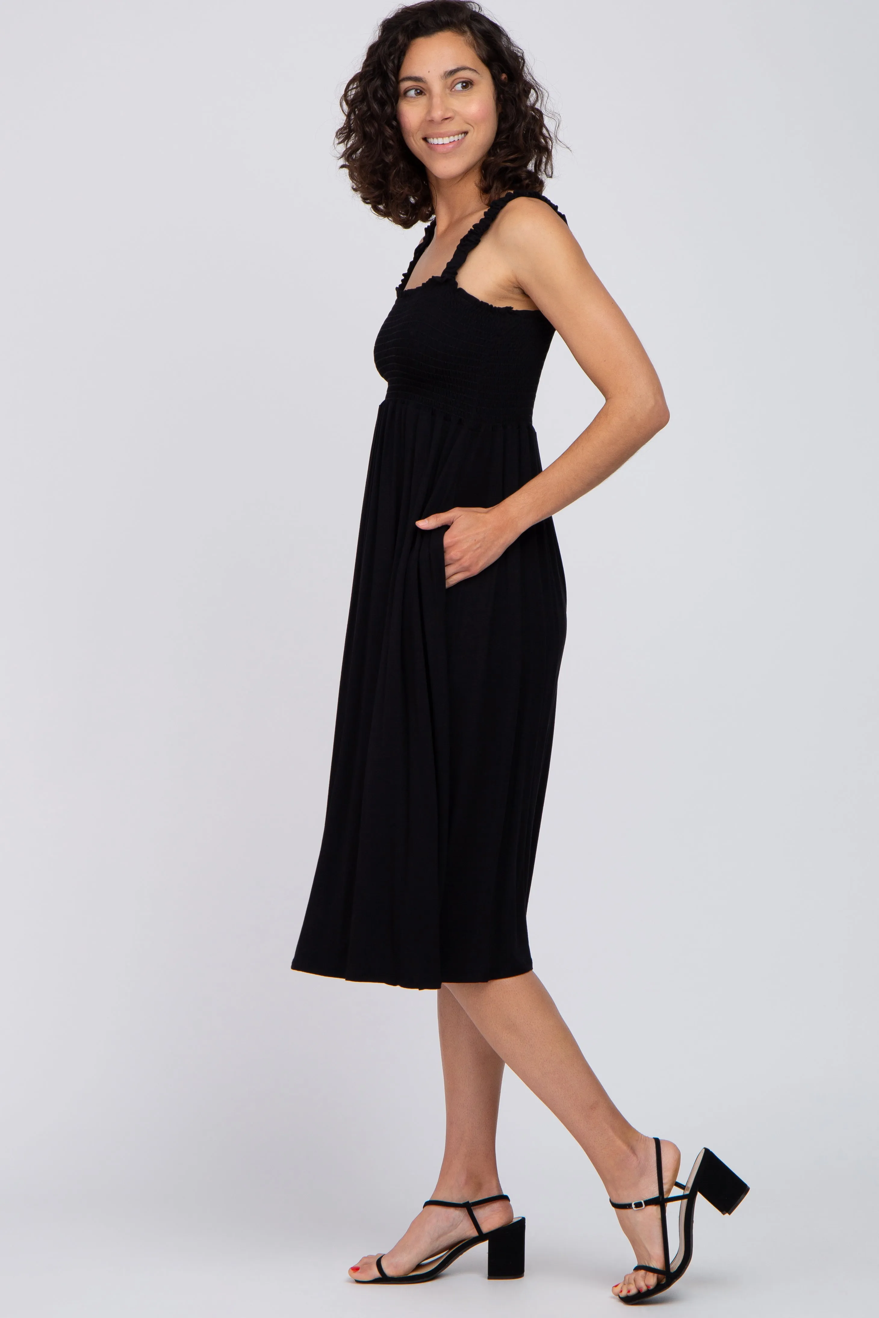Black Smocked Ruffle Strap Midi Dress sold by Pinkblush product image thumbnail 2